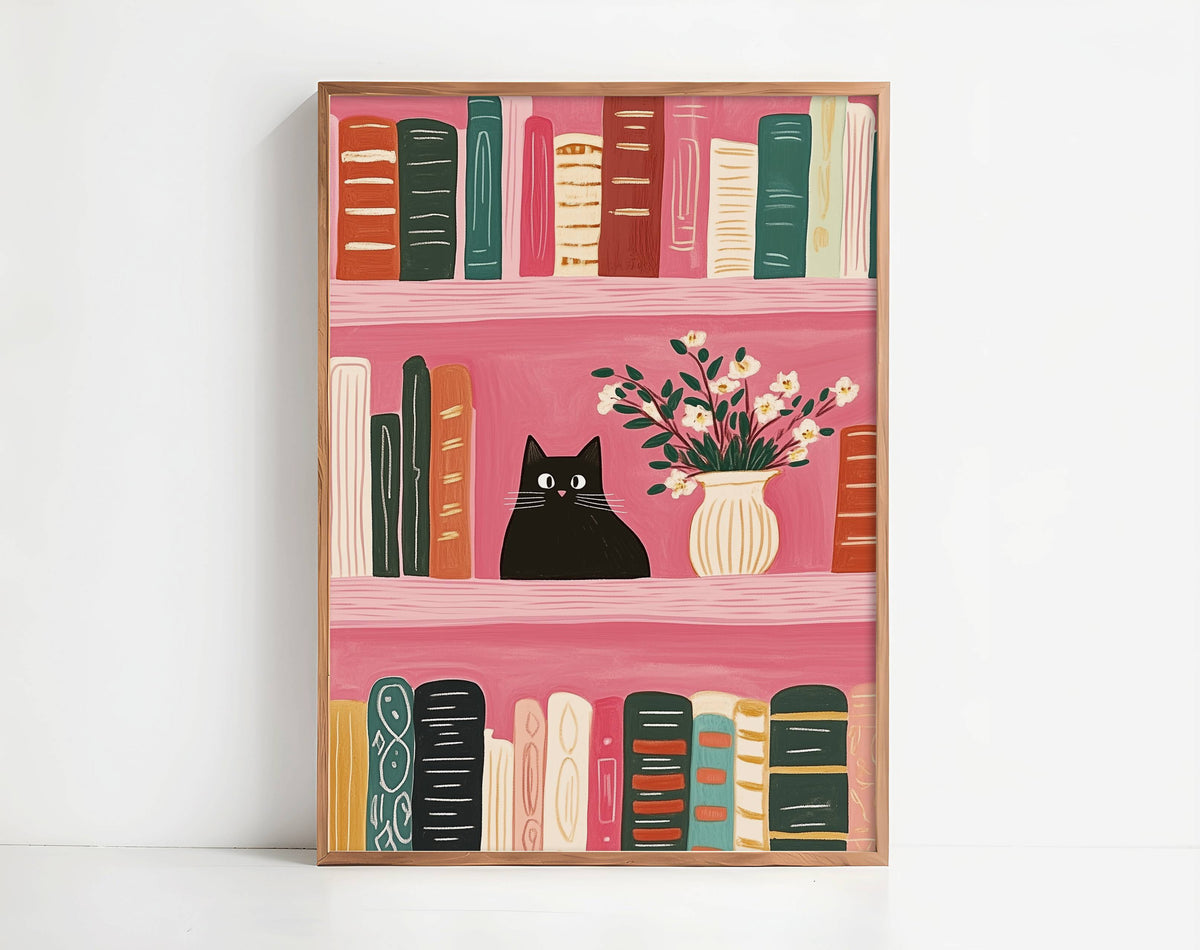 Illustration chat noir bibliothèque rose – Chat parmi les livres et fleurs – déco murale  cottagecore, idée cadeau amoureux des chats