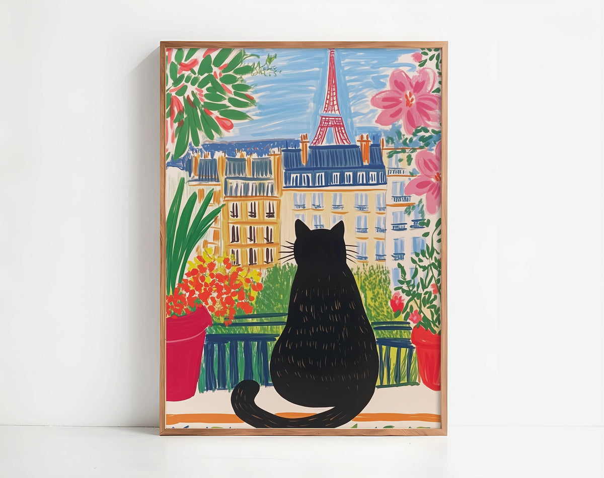 Illustration chat noir à Paris – Chat dos Tour Eiffel – déco murale cottagecore, idée cadeau amoureux des chats - fête des mères 2026