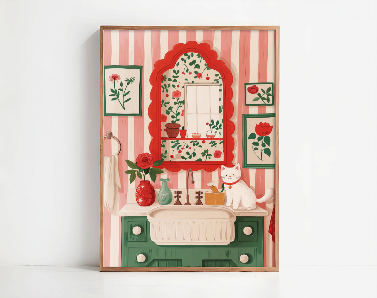 Illustration chat blanc salle de bain | affiche décorative cottagecore | cadeau amoureux des chats | illustration poétique fleurs