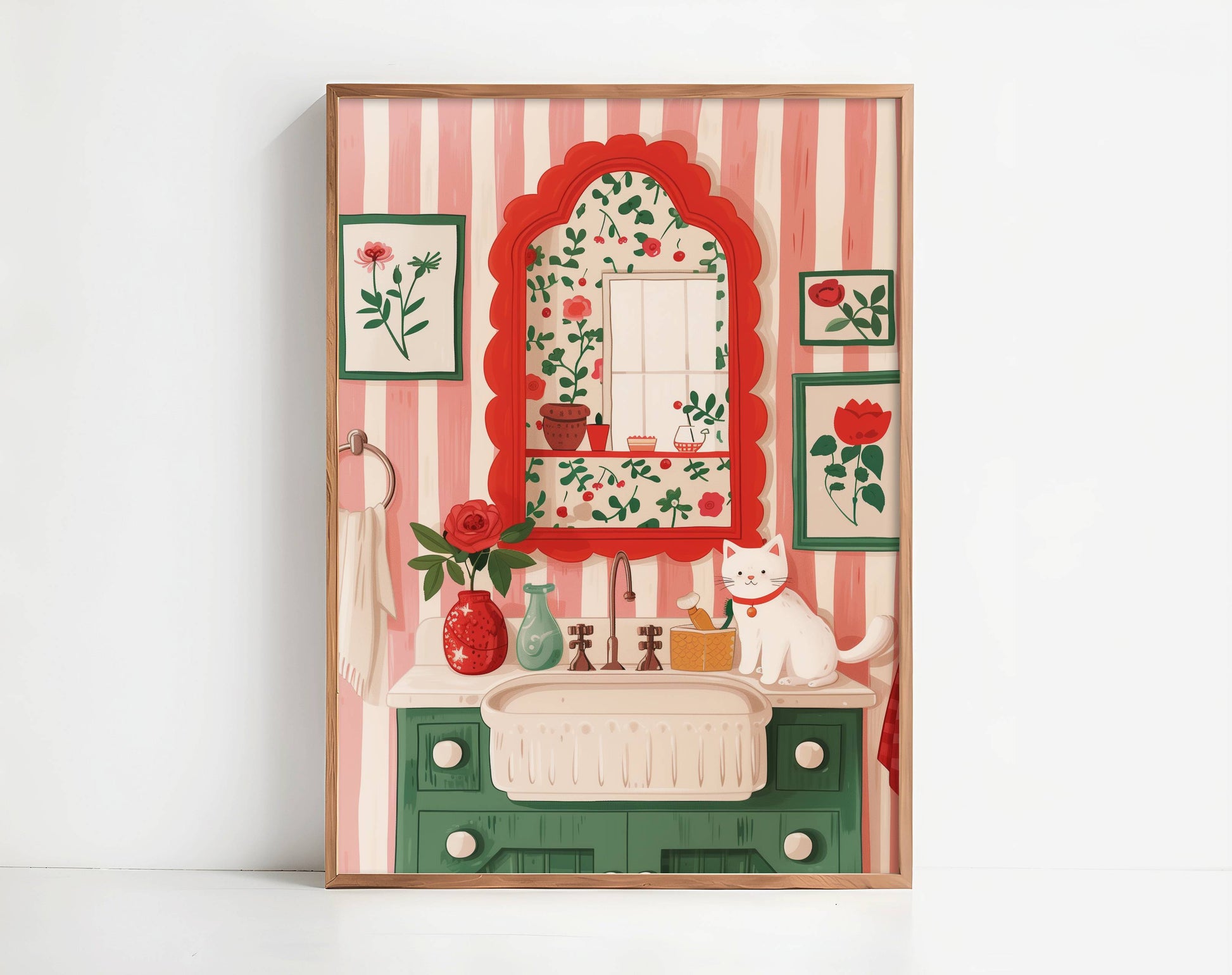 Illustration chat blanc salle de bain | affiche décorative cottagecore | cadeau amoureux des chats | illustration poétique fleurs