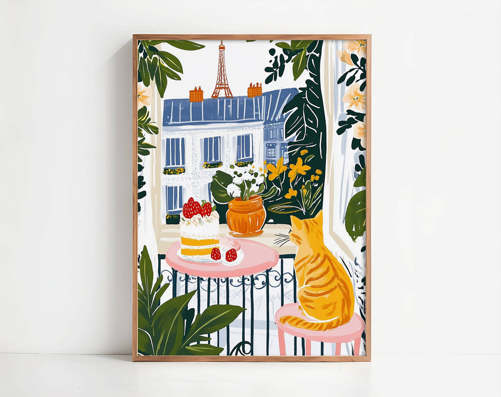 Affiche chat roux à Paris - Illustration chat balcon Tour Eiffel - idée cadeau amoureux des chats - illustration voyage France