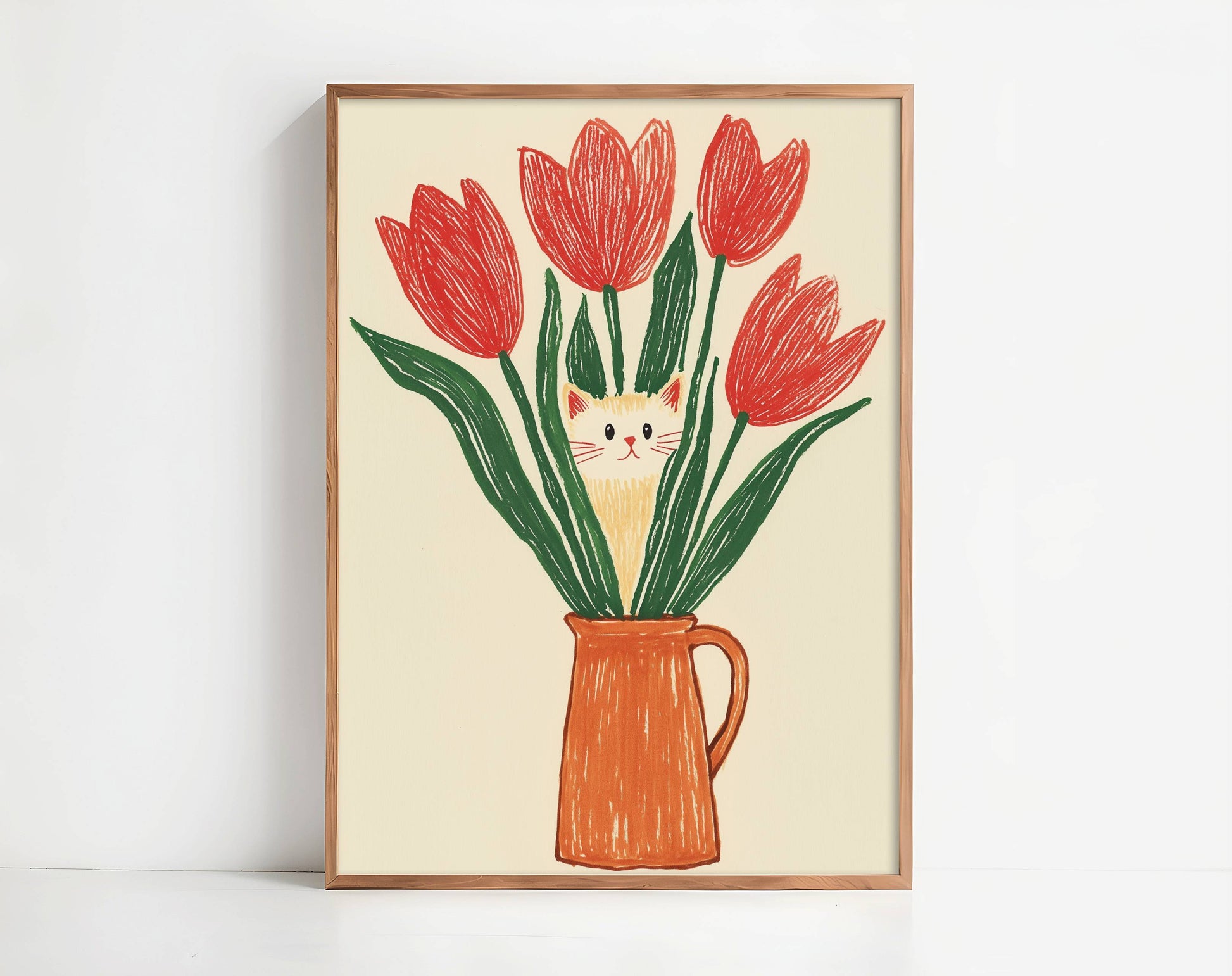 Illustration chat et tulipes rouges | Affiche chat rigolo | Idée cadeau amoureux des chats | Art mural naïf et coloré | Poster cottagecore