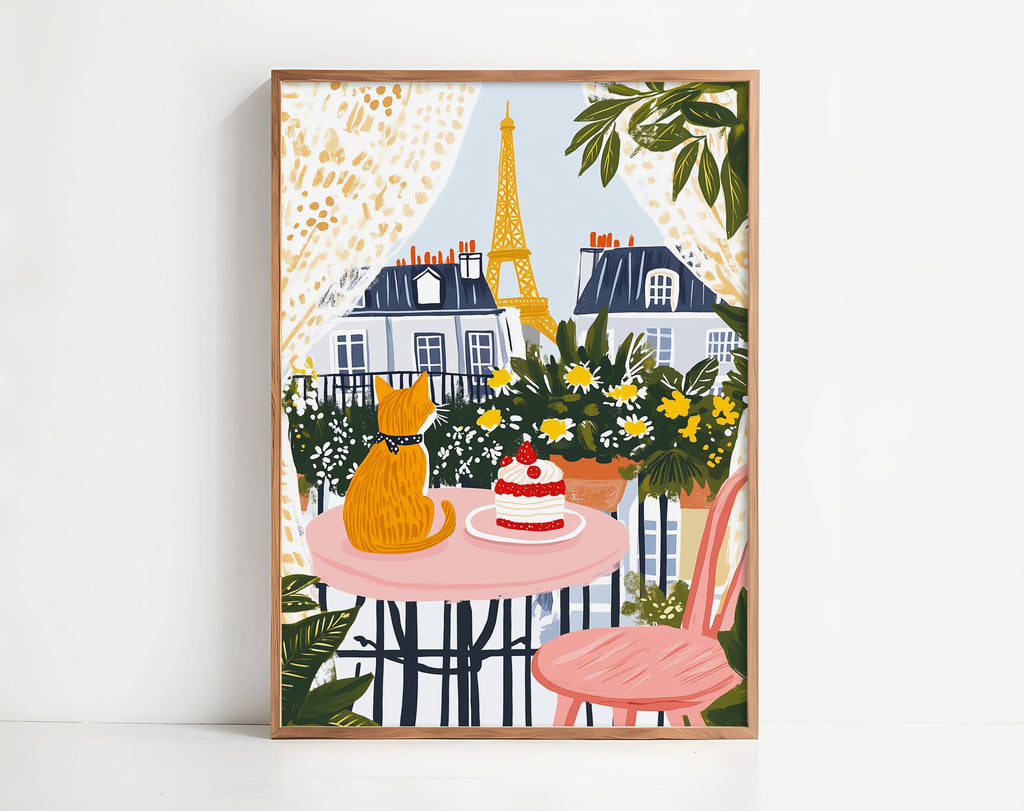 Illustration Chat roux à Paris - Illustration balcon Tour Eiffel - Idée cadeau amoureux des Chats