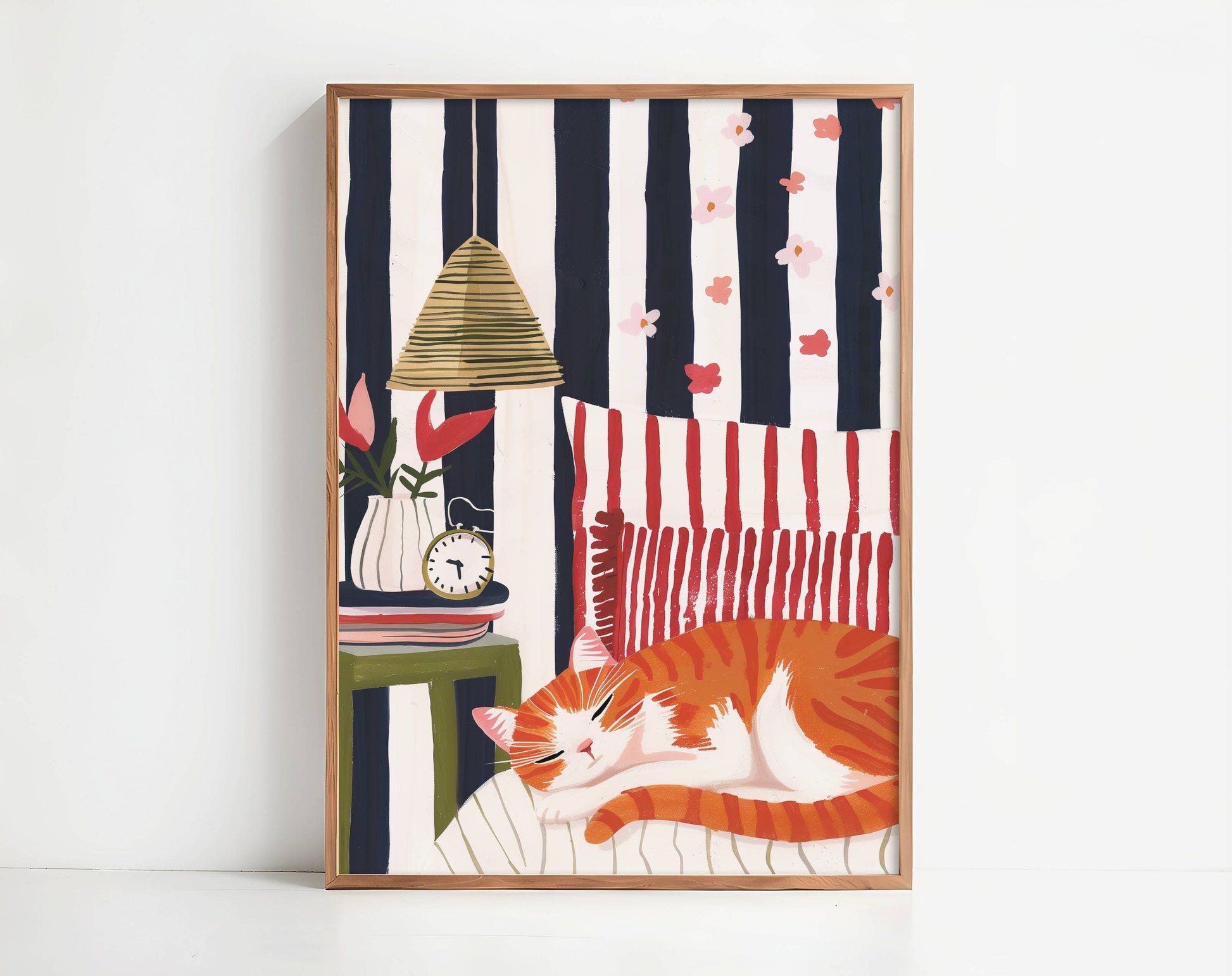 Illustration chat roux sieste | affiche chambre cosy rétro | cadeau amoureux des chats | décoration intérieure cottagecore