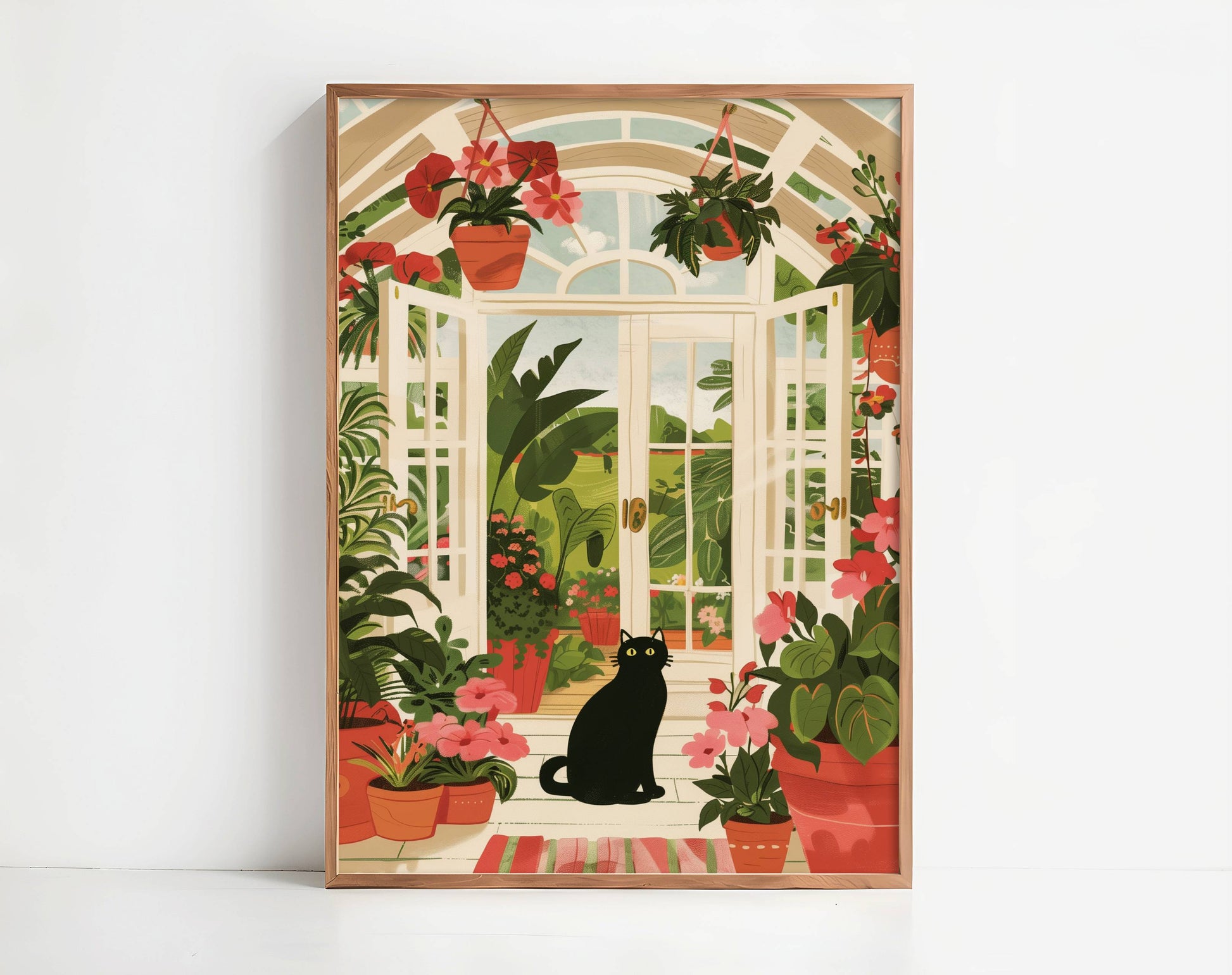 Illustration chat noir véranda | affiche jardin d'hiver plantes | cadeau amoureux des chats | déco lumineuse verrière