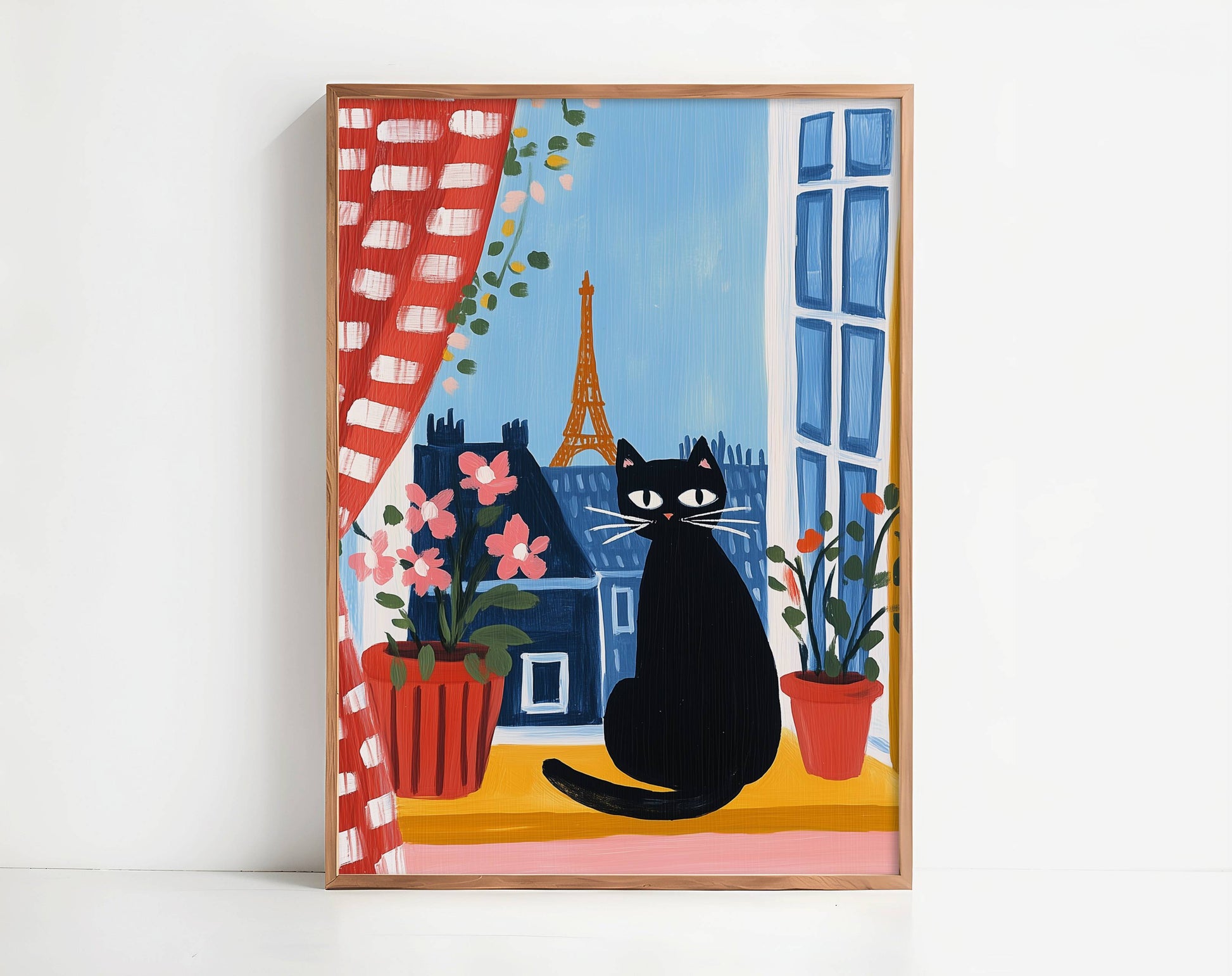 Affiche Chat noir à Paris - Illustration fenêtre Tour Eiffel -  Idée cadeau amoureux des chats