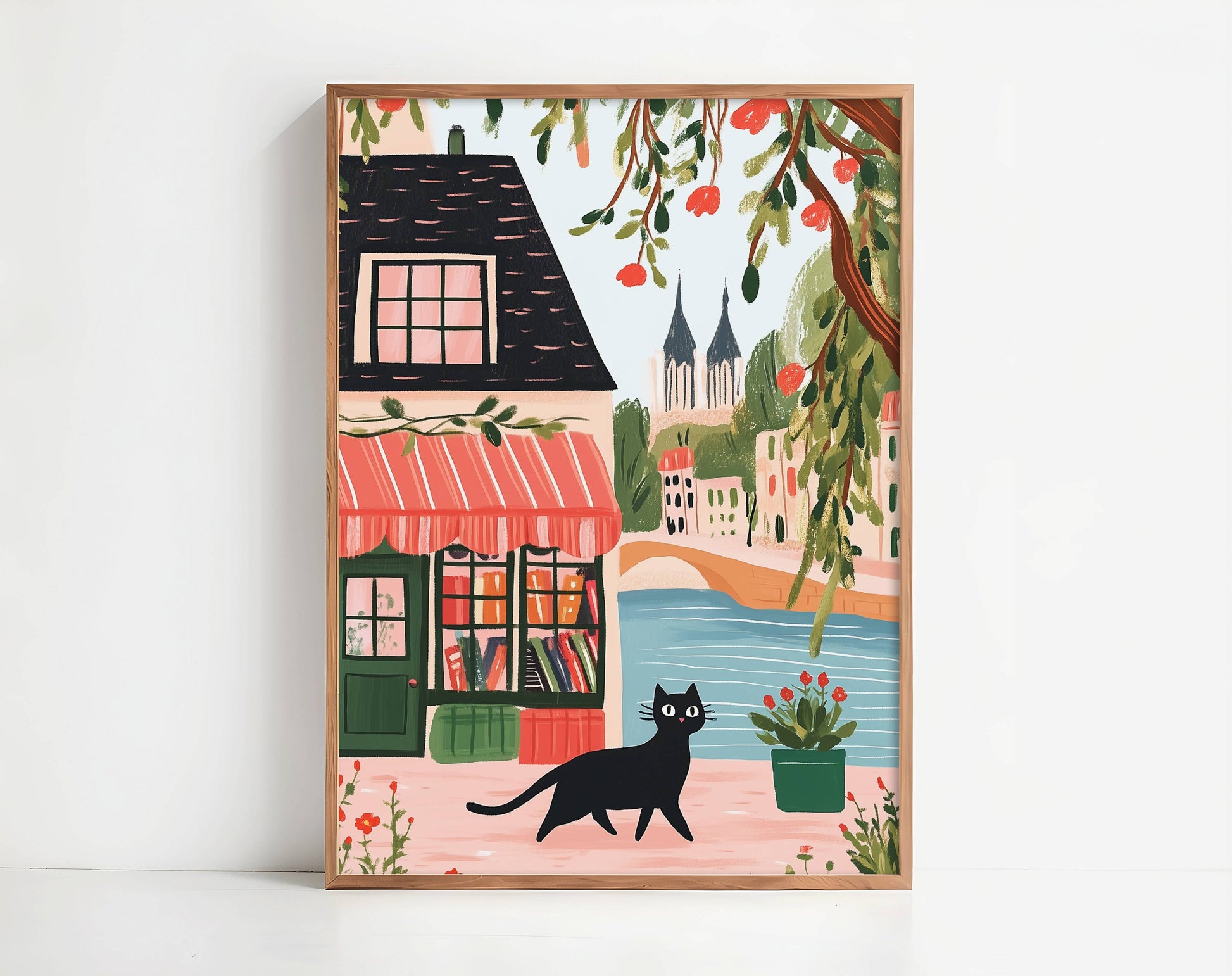 Affiche chat noir librairie Paris - Cadeau bibliophile et amoureux des Chats - Illustration naïve France