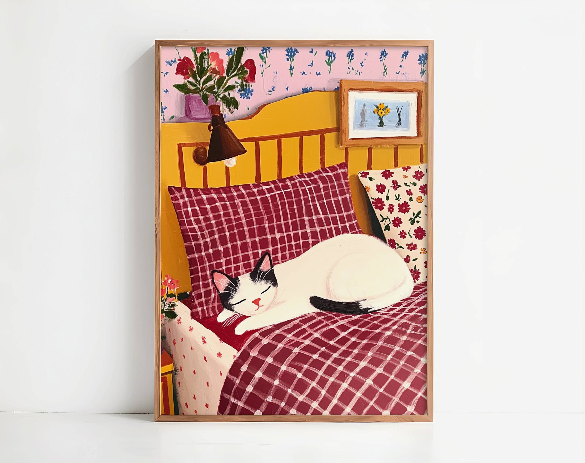 Illustration Chat endormi - Illustration chat noir et blanc dans son lit - Idée cadeau amoureux des chats