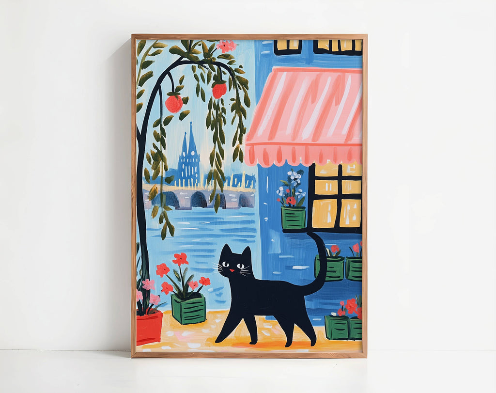 Illustration Chat noir à Paris - Idée cadeau amoureux des chats - Art Naïf fenêtre et fleurs