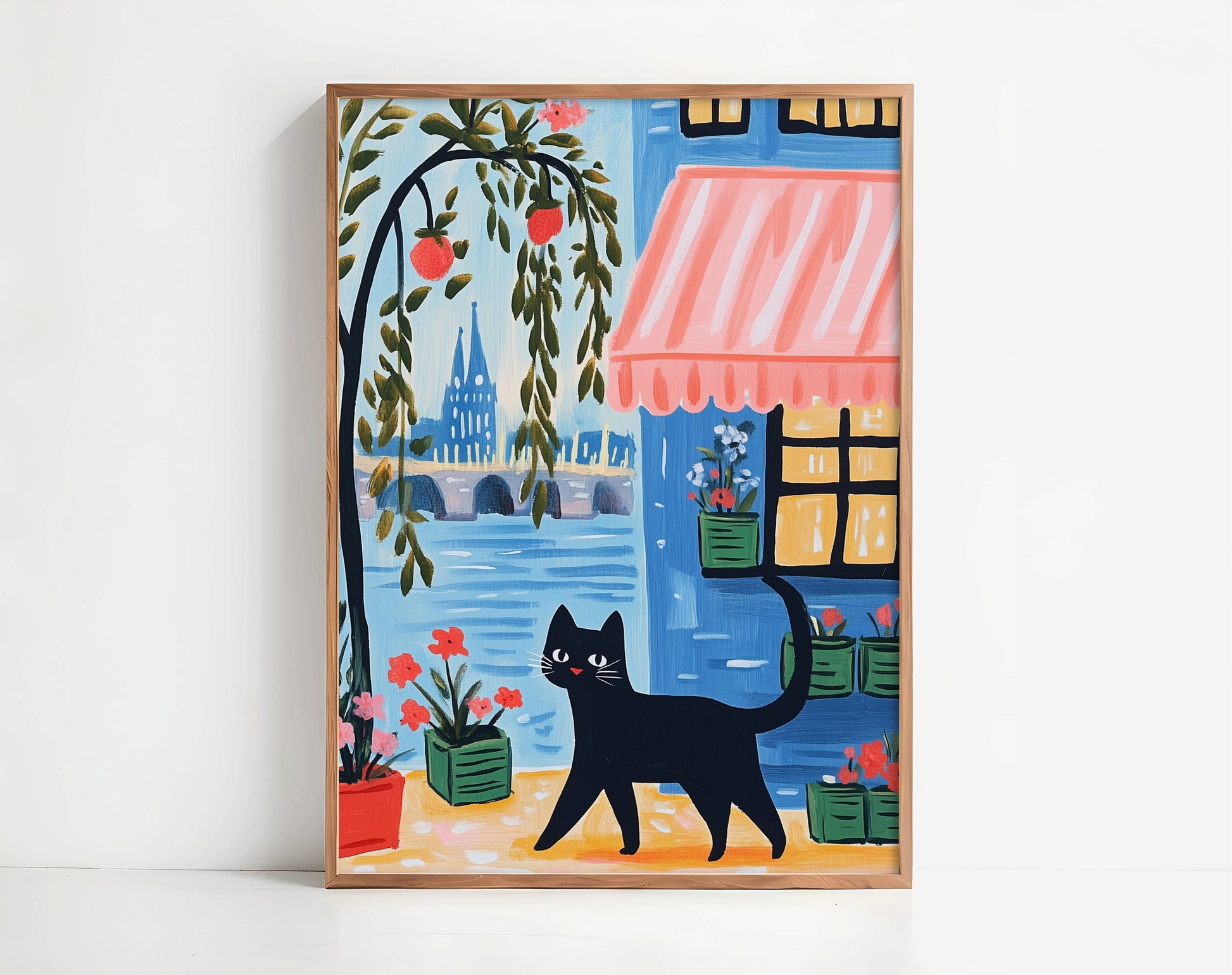 Illustration Chat noir à Paris - Idée cadeau amoureux des chats - Art Naïf fenêtre et fleurs