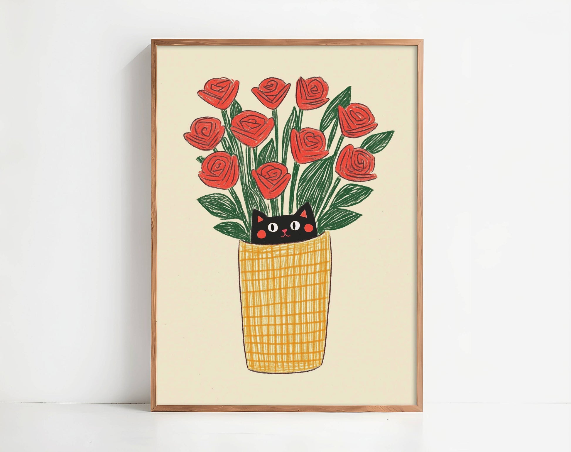 Illustration chat noir roses rouges | affiche art mural naïf | cadeau amoureux des chats | déco cottagecore fleurs