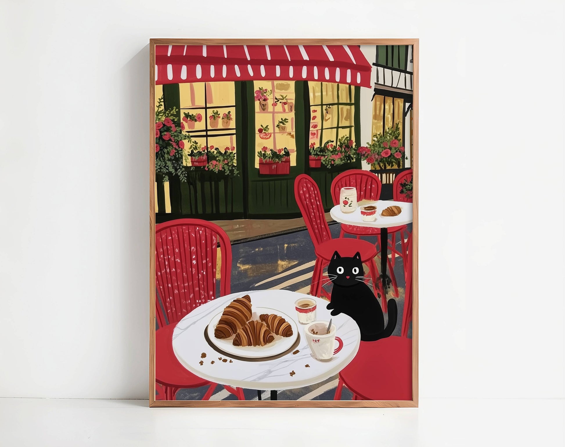 Affiche Chat noir café Paris - Illustration terrasse Parisienne croissants - Idée cadeau Amoureux des Chats
