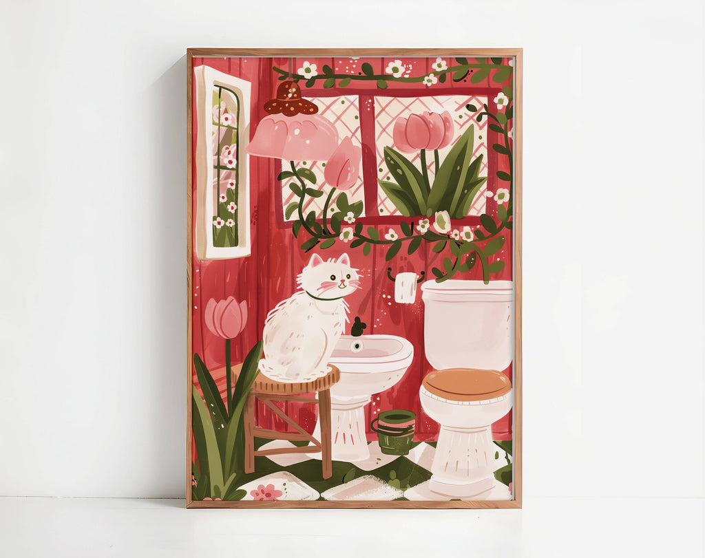 Illustration chat blanc salle de bain - Décoration WC originale - Idée cadeau amoureux des chats