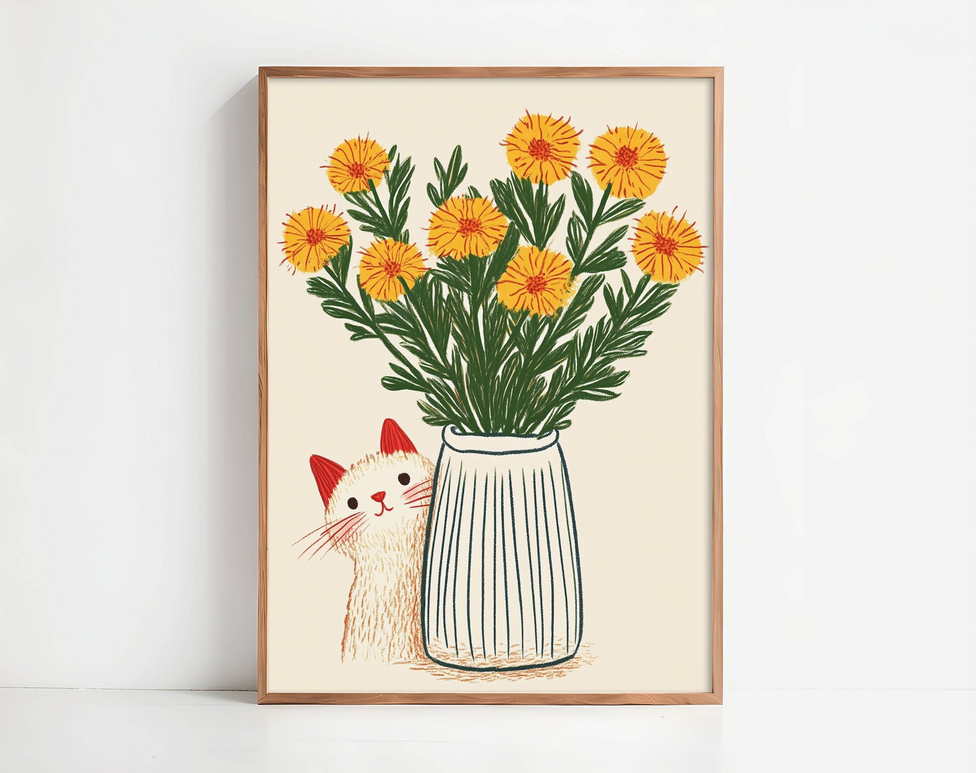 Illustration chat blanc fleurs jaunes | poster art floral printanier | cadeau amoureux des chats | déco murale cottagecore