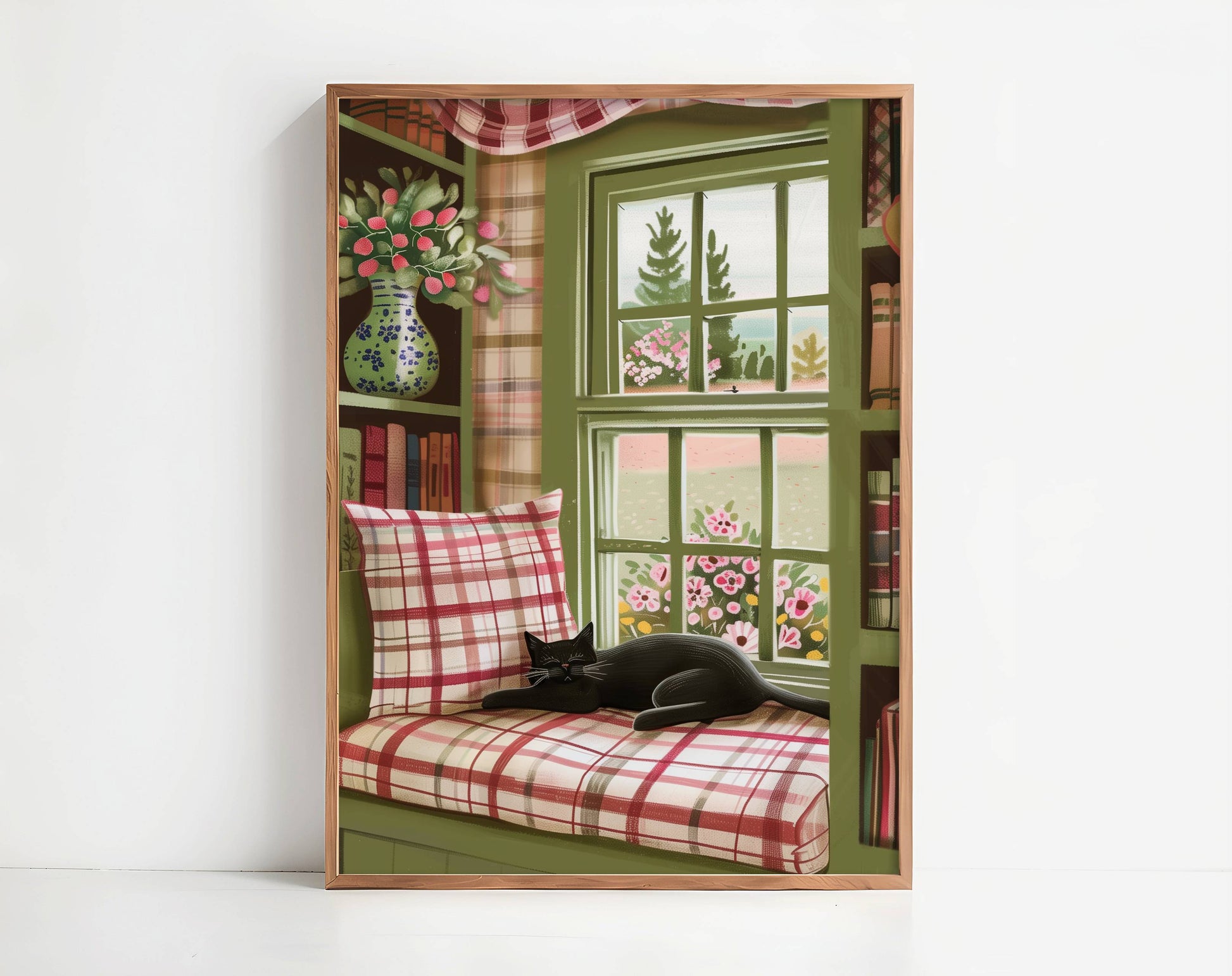 Illustration chat noir | affiche déco bibliothèque cosy | poster cottagecore chat sieste | cadeau amoureux des chats