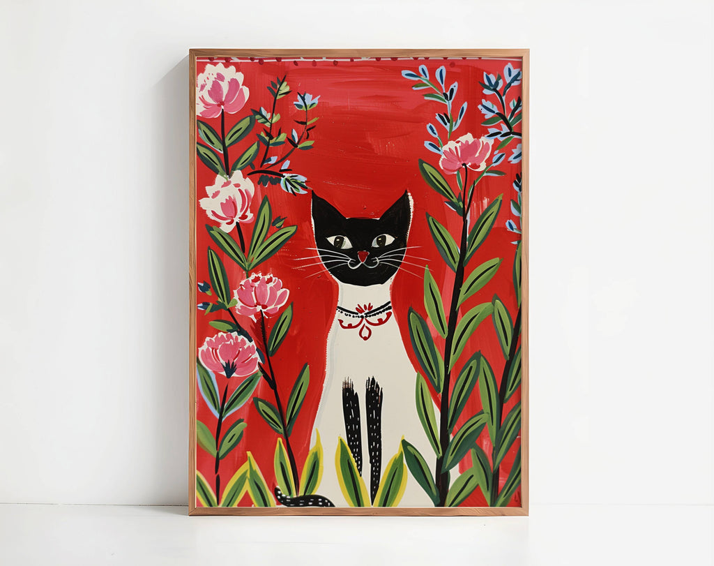 Illustration Chat Siamois et fleurs roses - Idée cadeau amoureux des siamois