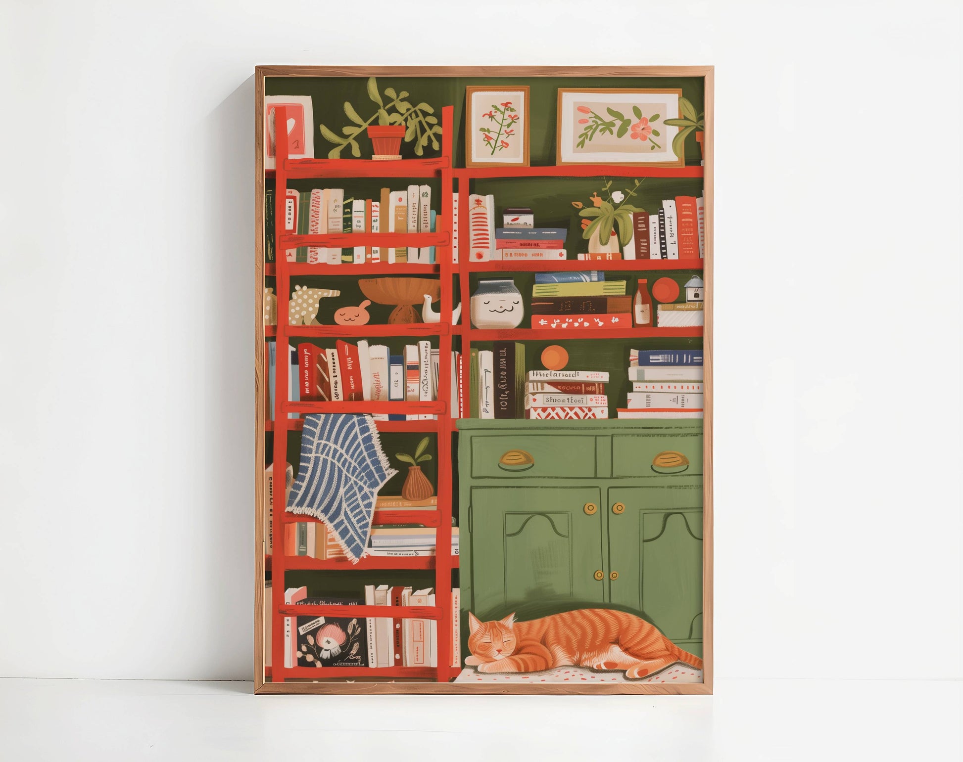 Illustration chat roux bibliothèque | affiche déco lecture cosy | poster cottagecore chat roux | cadeau amoureux des chats et des livres