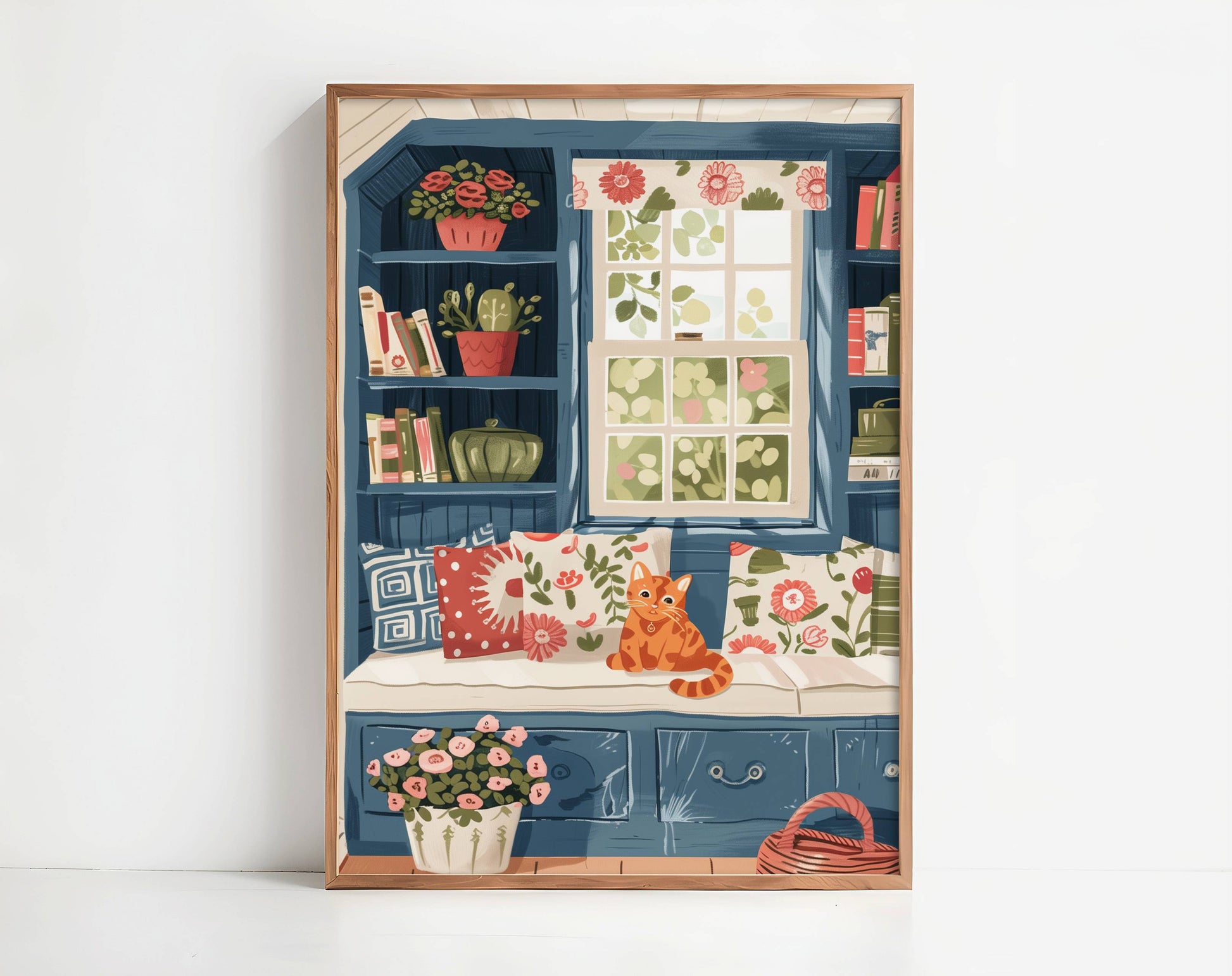 Illustration chat roux fenêtre bleue | Affiche cottagecore chat orange | cadeau amoureux des chats | art mural floral bibliothèque