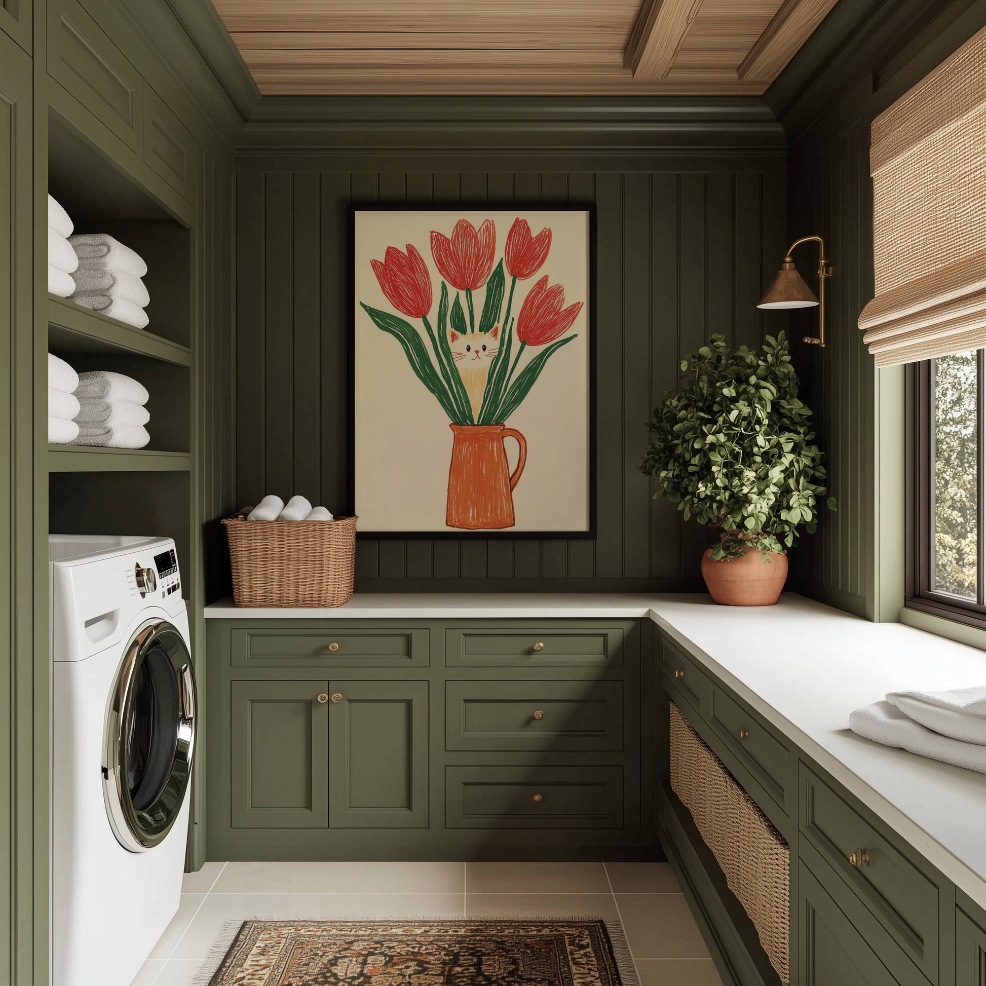 Illustration chat et tulipes rouges | Affiche chat rigolo | Idée cadeau amoureux des chats | Art mural naïf et coloré | Poster cottagecore