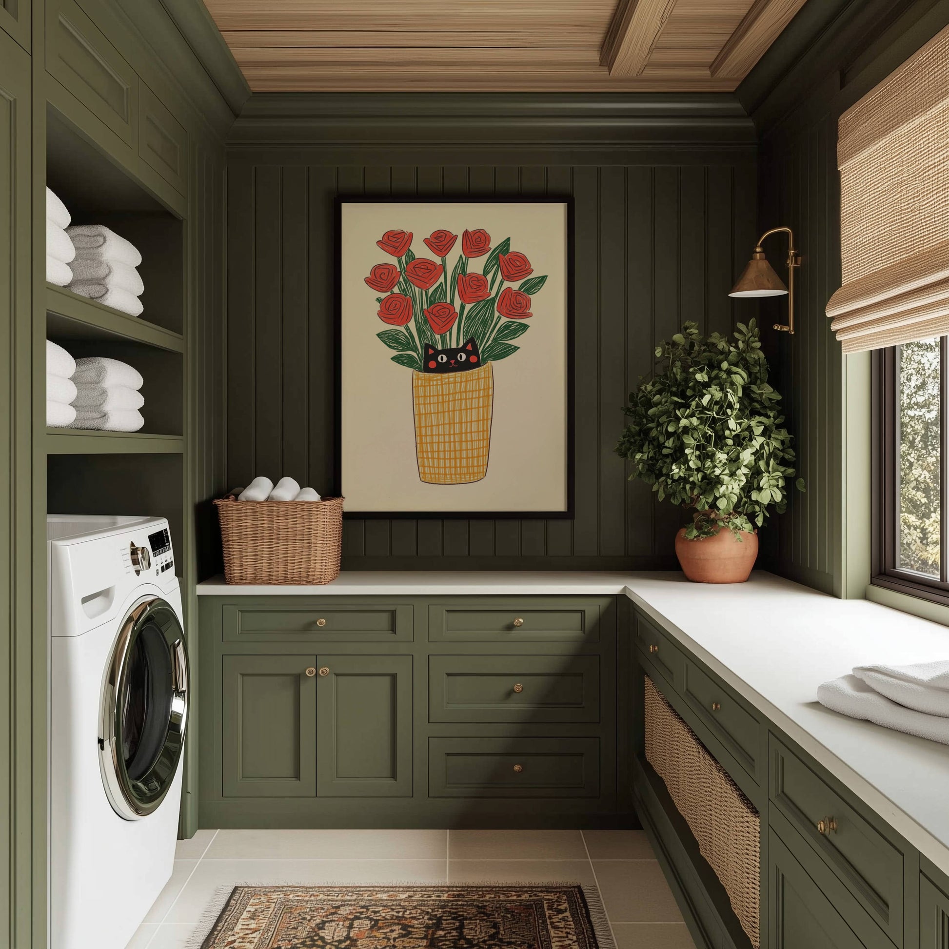 Illustration chat noir roses rouges | affiche art mural naïf | cadeau amoureux des chats | déco cottagecore fleurs