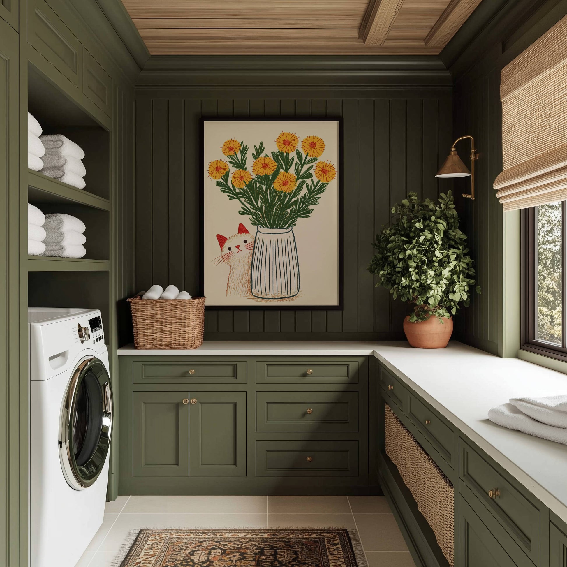 Illustration chat blanc fleurs jaunes | poster art floral printanier | cadeau amoureux des chats | déco murale cottagecore