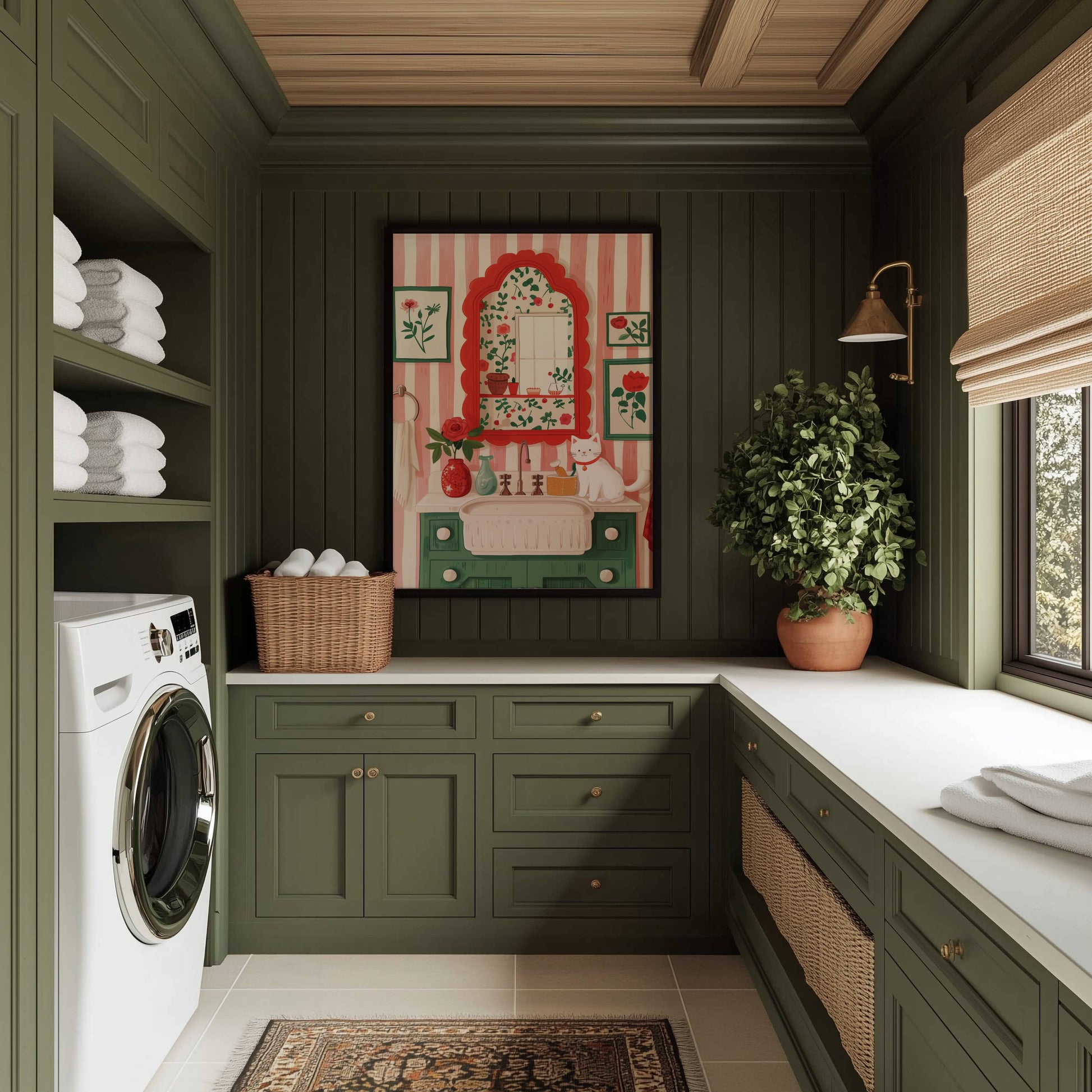 Illustration chat blanc salle de bain | affiche décorative cottagecore | cadeau amoureux des chats | illustration poétique fleurs