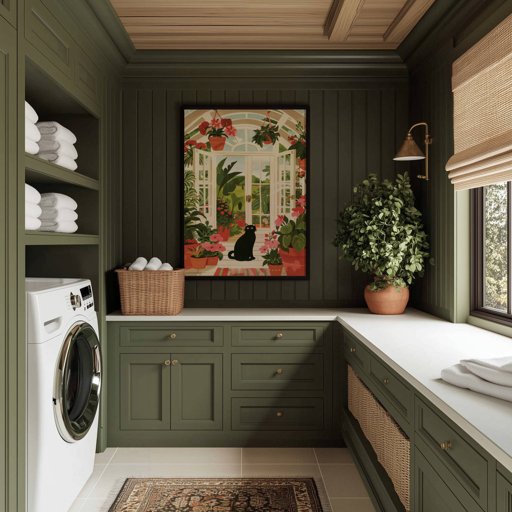 Illustration chat noir véranda | affiche jardin d'hiver plantes | cadeau amoureux des chats | déco lumineuse verrière