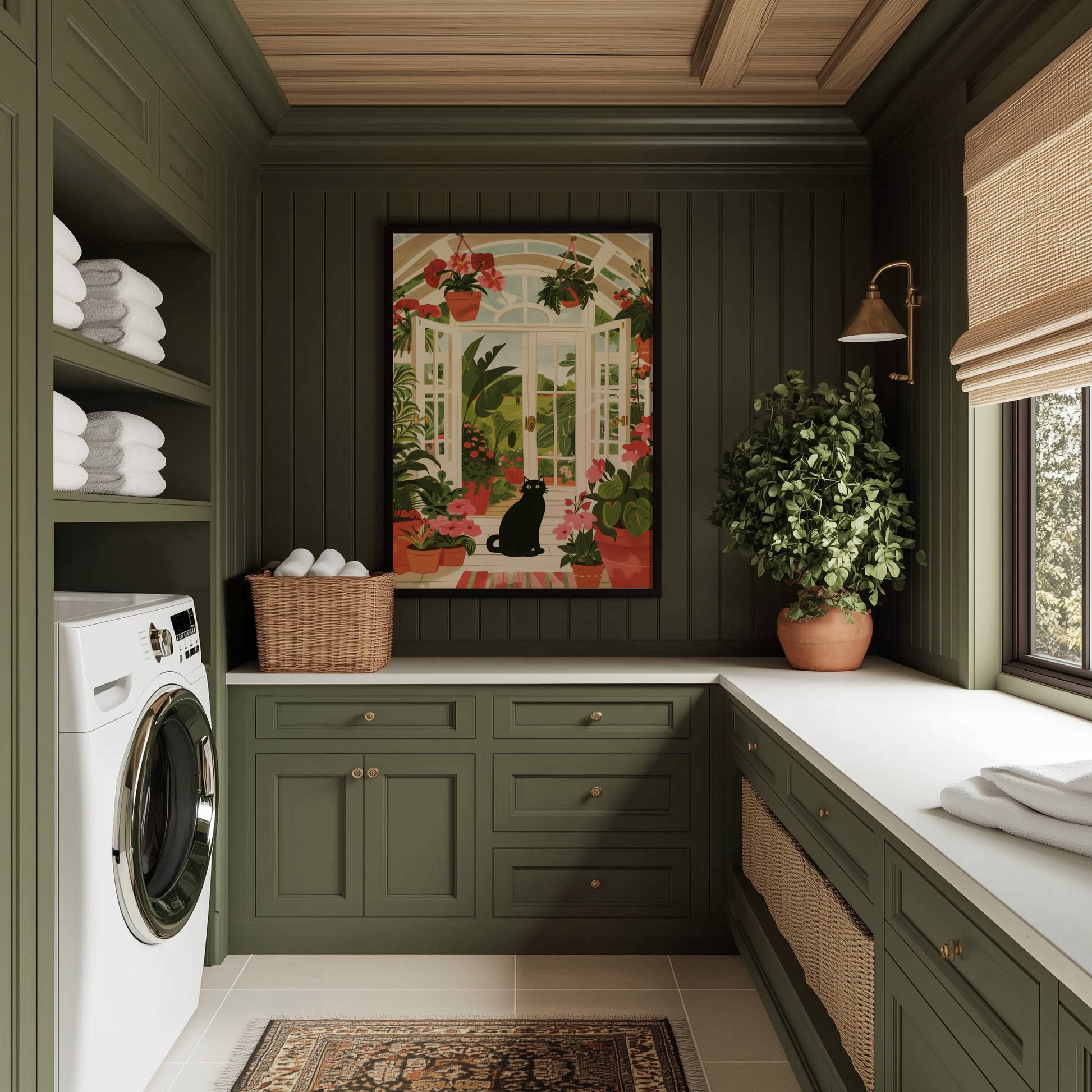 Illustration chat noir véranda | affiche jardin d'hiver plantes | cadeau amoureux des chats | déco lumineuse verrière