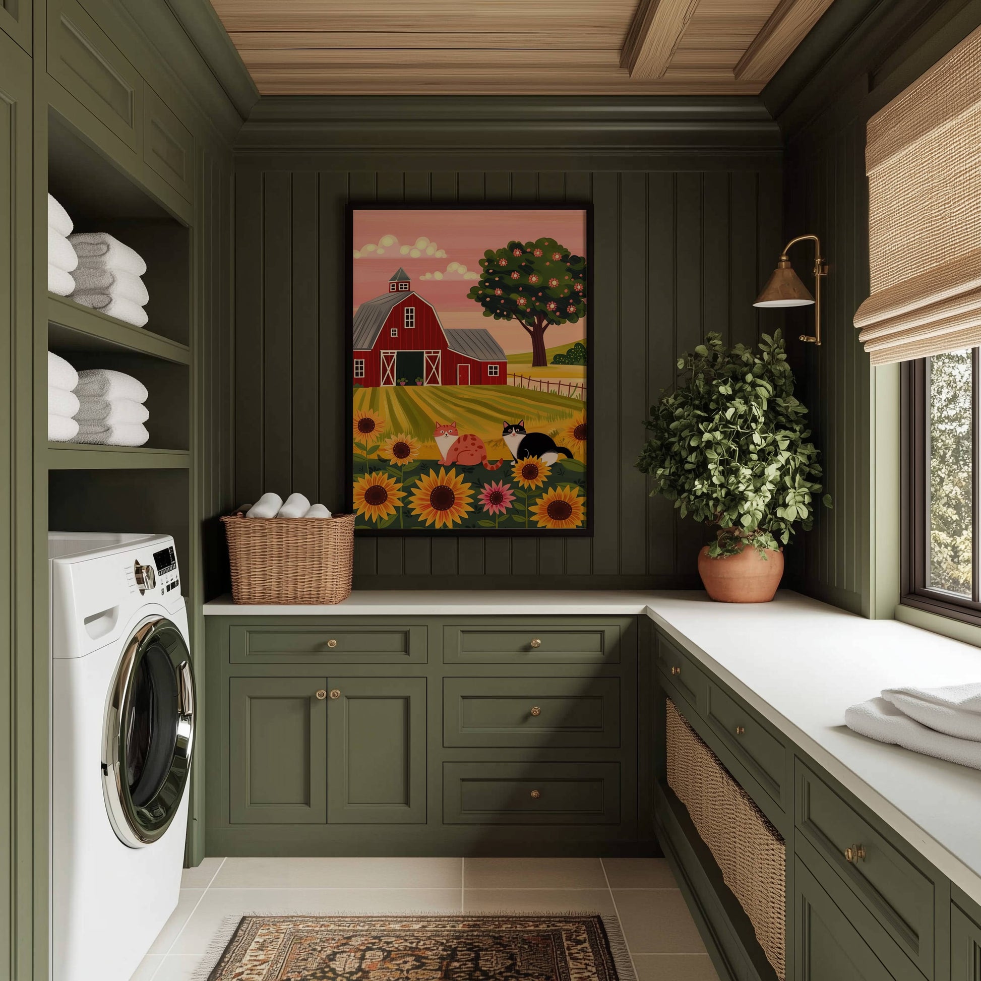 Illustration chats campagne tournesols | illustration ferme grange rouge | décor mural champêtre coloré | cadeau amoureux des chats