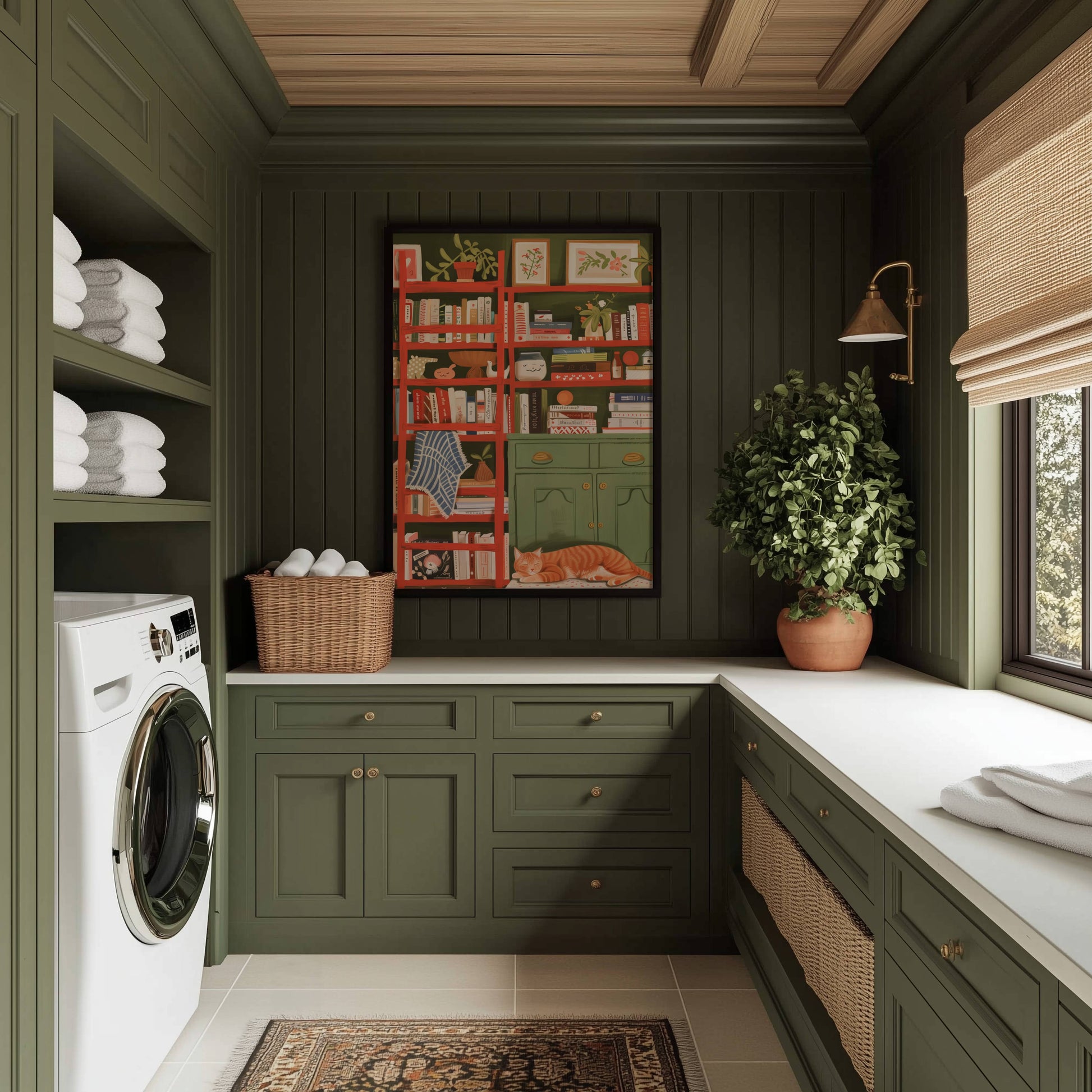 Illustration chat roux bibliothèque | affiche déco lecture cosy | poster cottagecore chat roux | cadeau amoureux des chats et des livres