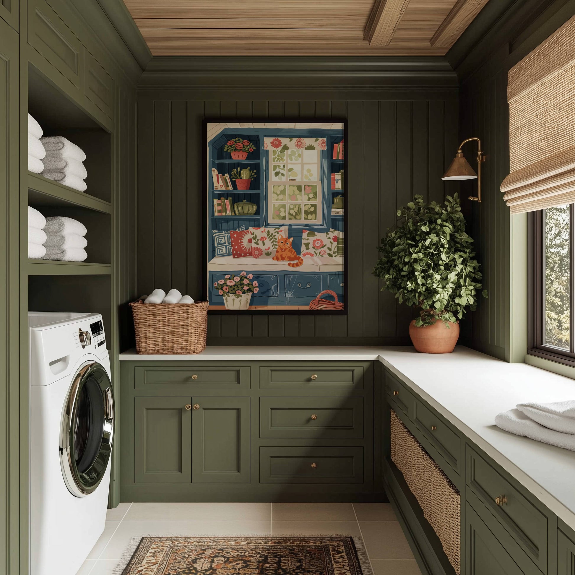 Illustration chat roux fenêtre bleue | Affiche cottagecore chat orange | cadeau amoureux des chats | art mural floral bibliothèque