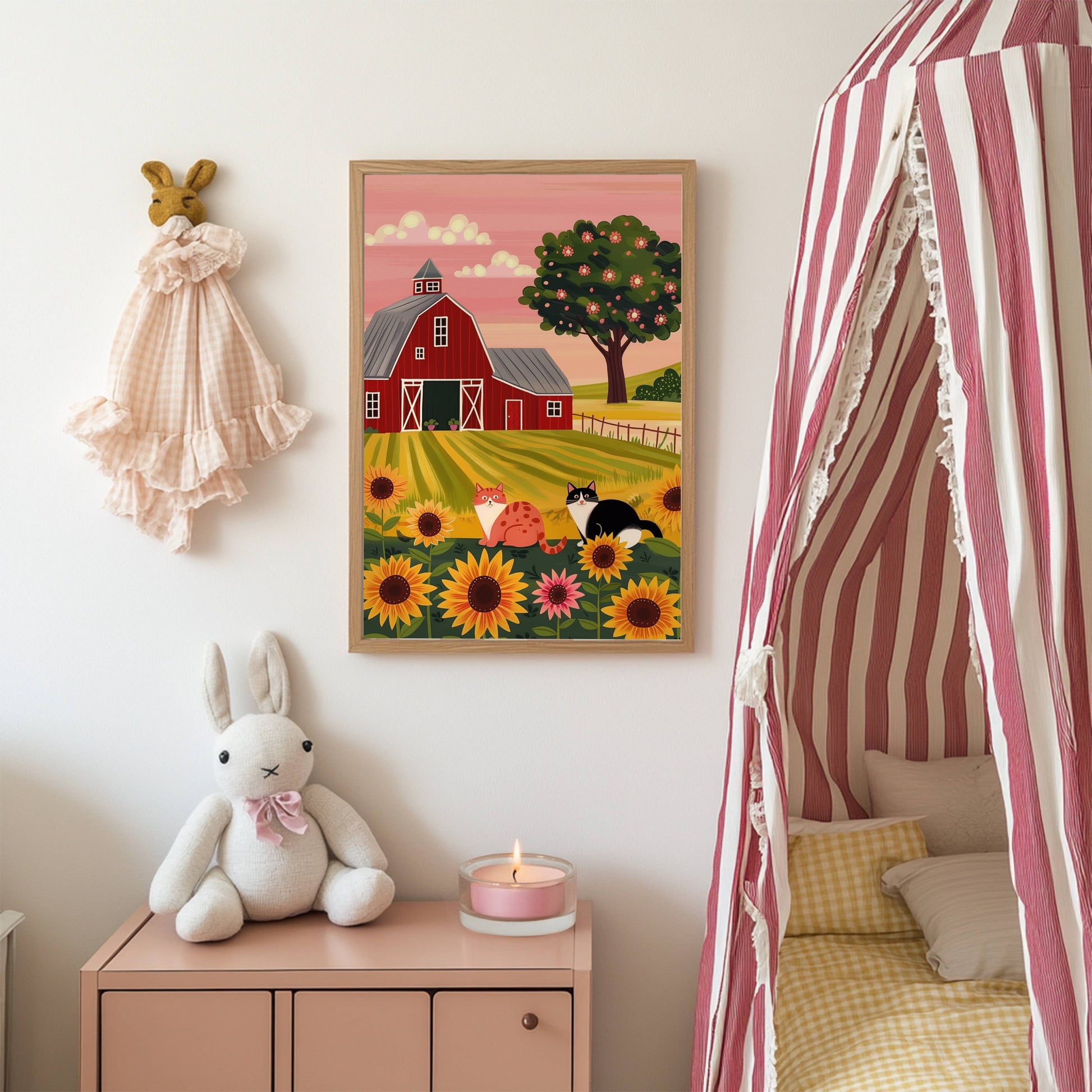 Illustration chats campagne tournesols | illustration ferme grange rouge | décor mural champêtre coloré | cadeau amoureux des chats