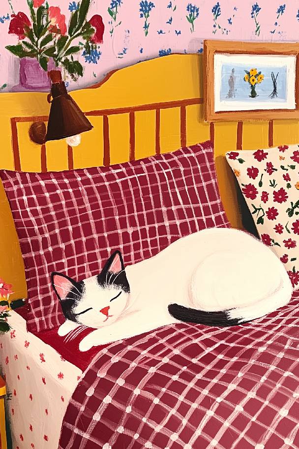 Illustration Chat endormi - Illustration chat noir et blanc dans son lit - Idée cadeau amoureux des chats