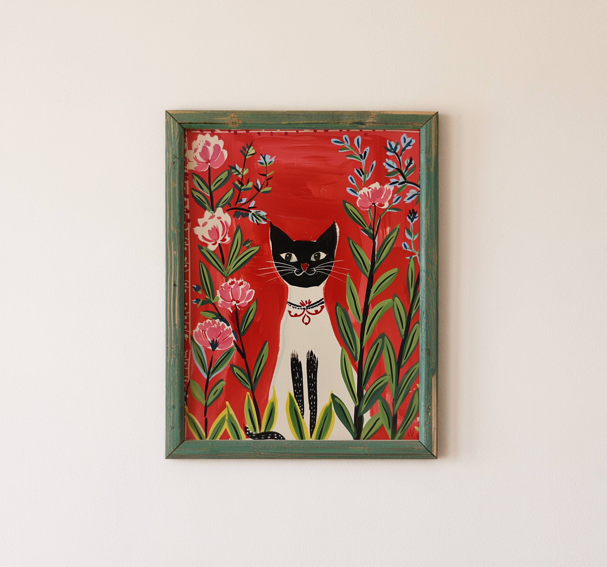 Illustration Chat Siamois et fleurs roses - Idée cadeau amoureux des siamois