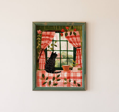 Affiche chat noir - Illustration cottagecore - idée cadeau amoureux des chats