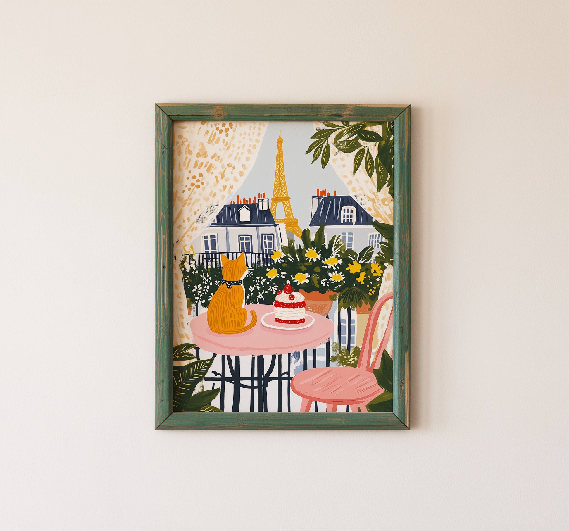 Illustration Chat roux à Paris - Illustration balcon Tour Eiffel - Idée cadeau amoureux des Chats