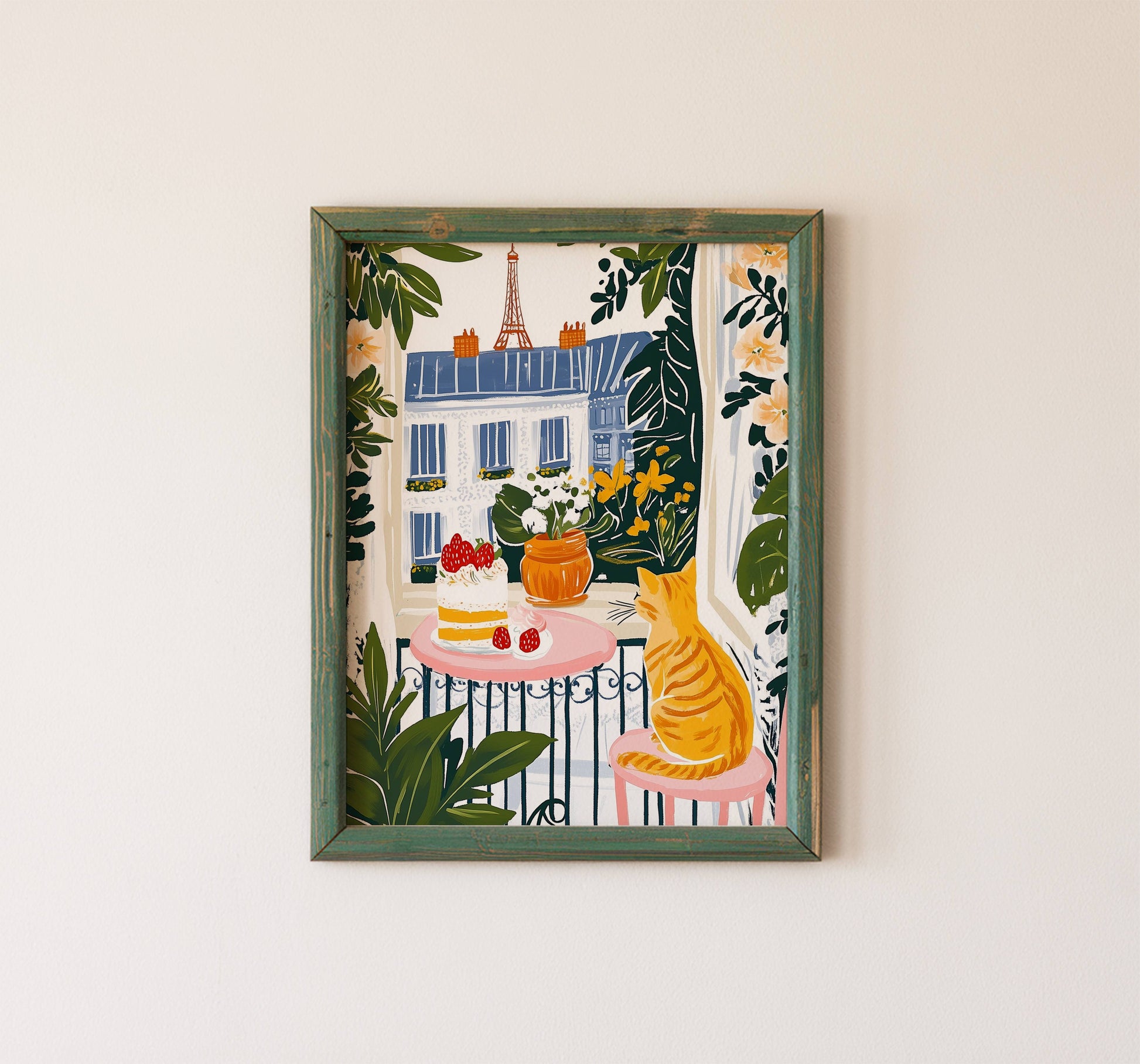 Affiche chat roux à Paris - Illustration chat balcon Tour Eiffel - idée cadeau amoureux des chats - illustration voyage France