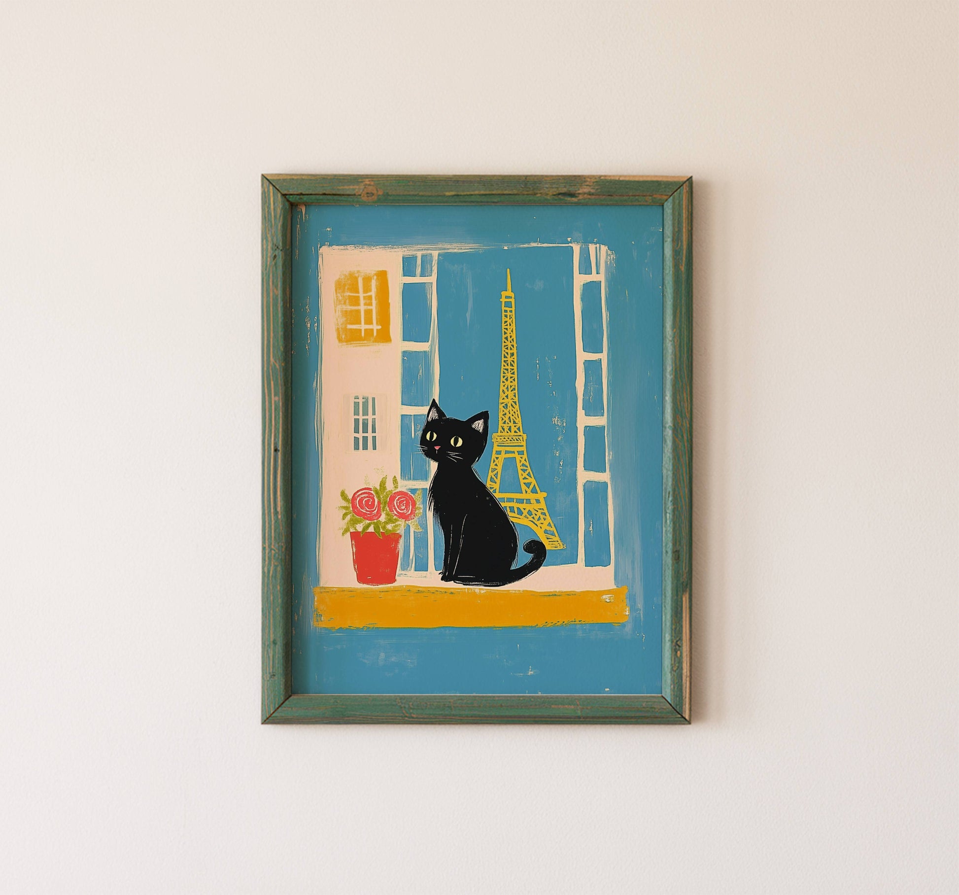 Illustration chat noir Paris – Chat noir Tour Eiffel – déco murale chaleureuse cottagecore, cadeau amoureux des chats