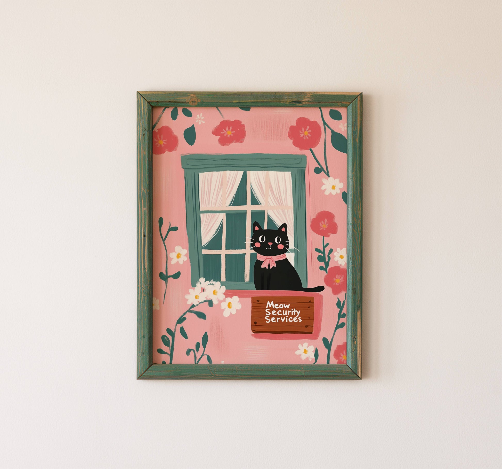 Illustration chat noir fenêtre cottage – Chat avec nœud rose et pancarte – déco murale chaleureuse, idée cadeau amoureux des chats