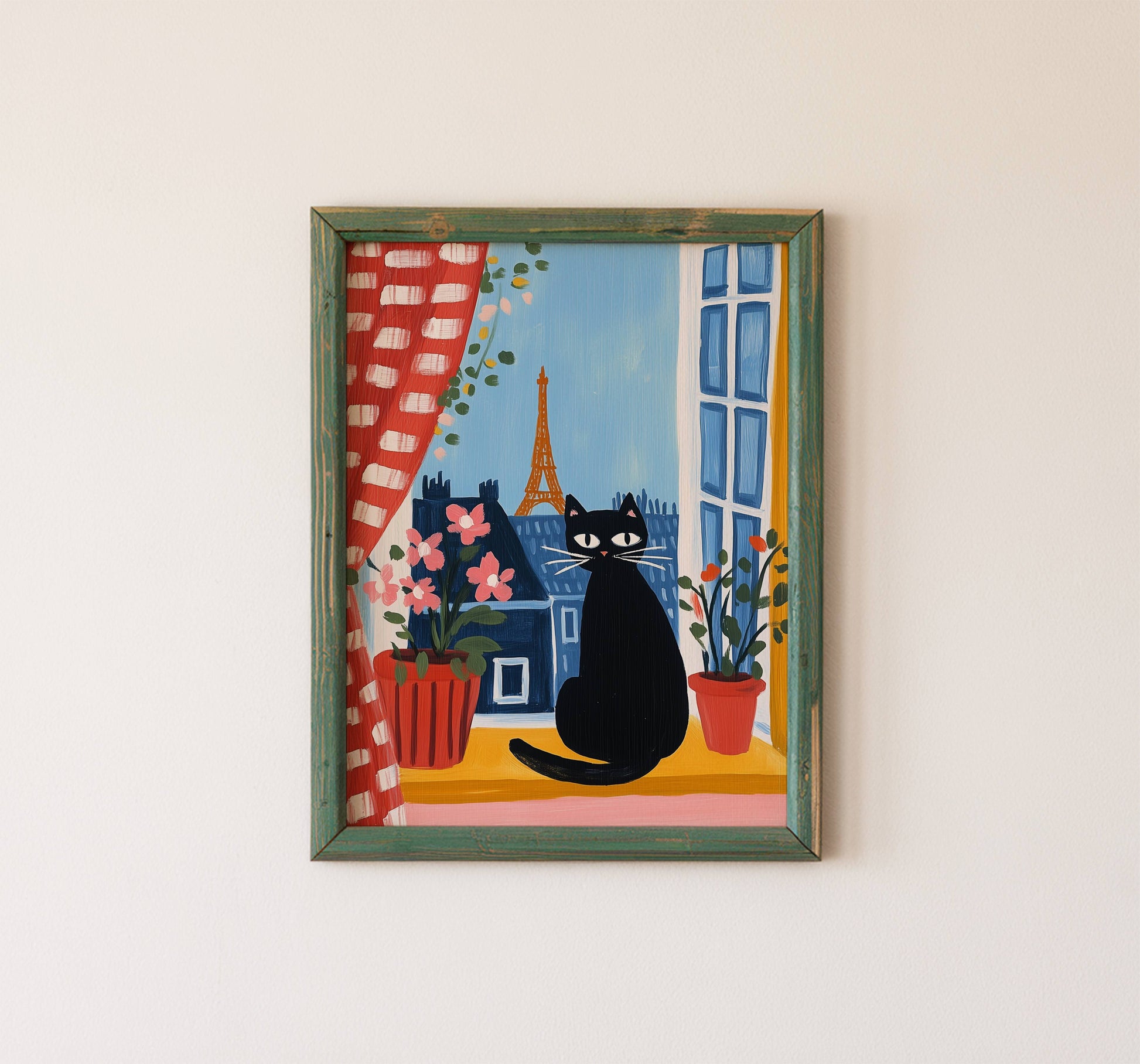 Affiche Chat noir à Paris - Illustration fenêtre Tour Eiffel -  Idée cadeau amoureux des chats