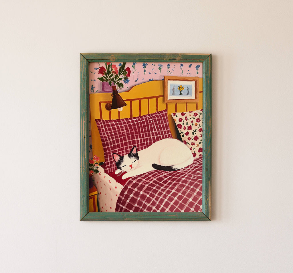 Illustration Chat endormi - Illustration chat noir et blanc dans son lit - Idée cadeau amoureux des chats