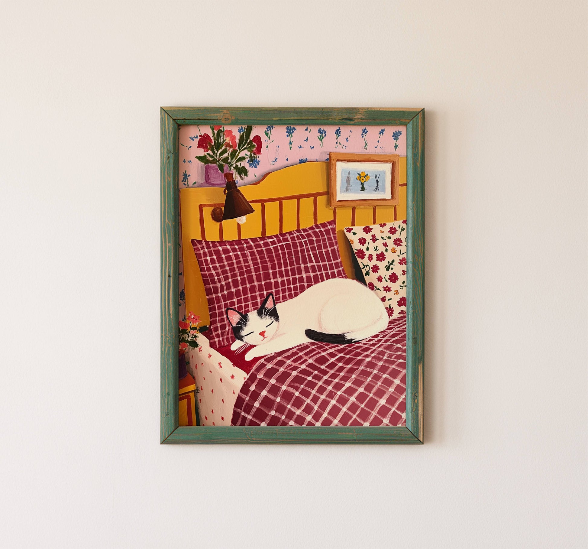 Illustration Chat endormi - Illustration chat noir et blanc dans son lit - Idée cadeau amoureux des chats