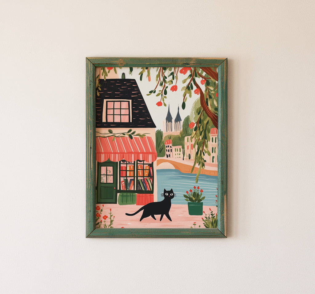 Affiche chat noir librairie Paris - Cadeau bibliophile et amoureux des Chats - Illustration naïve France