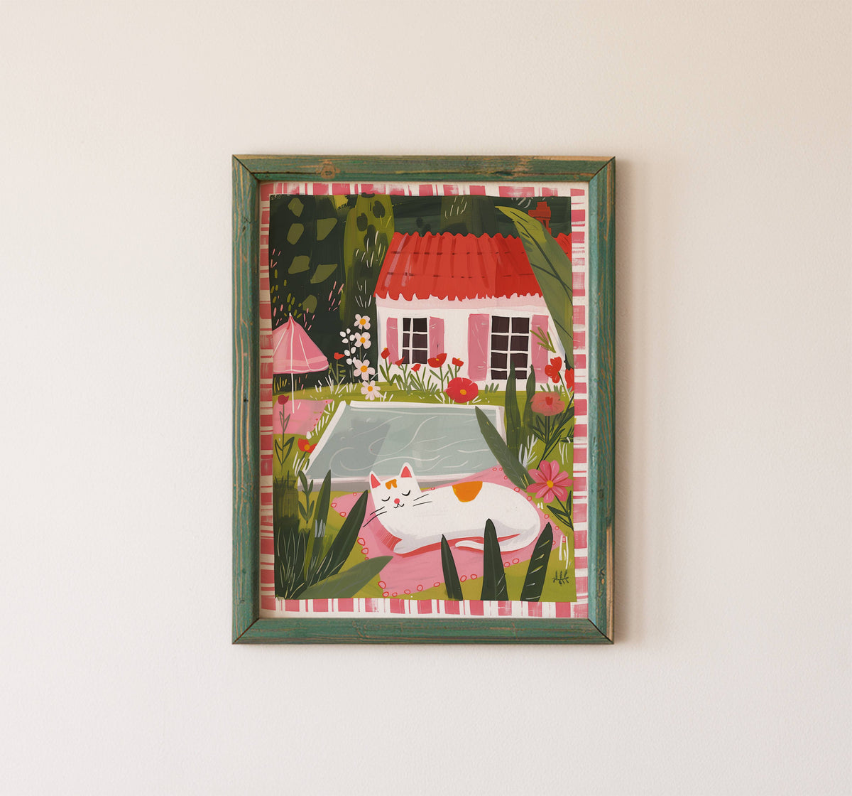 Illustration chat blanc piscine jardin – Chat endormi cottagecore – déco murale chaleureuse été, idée cadeau amoureux des chats blancs
