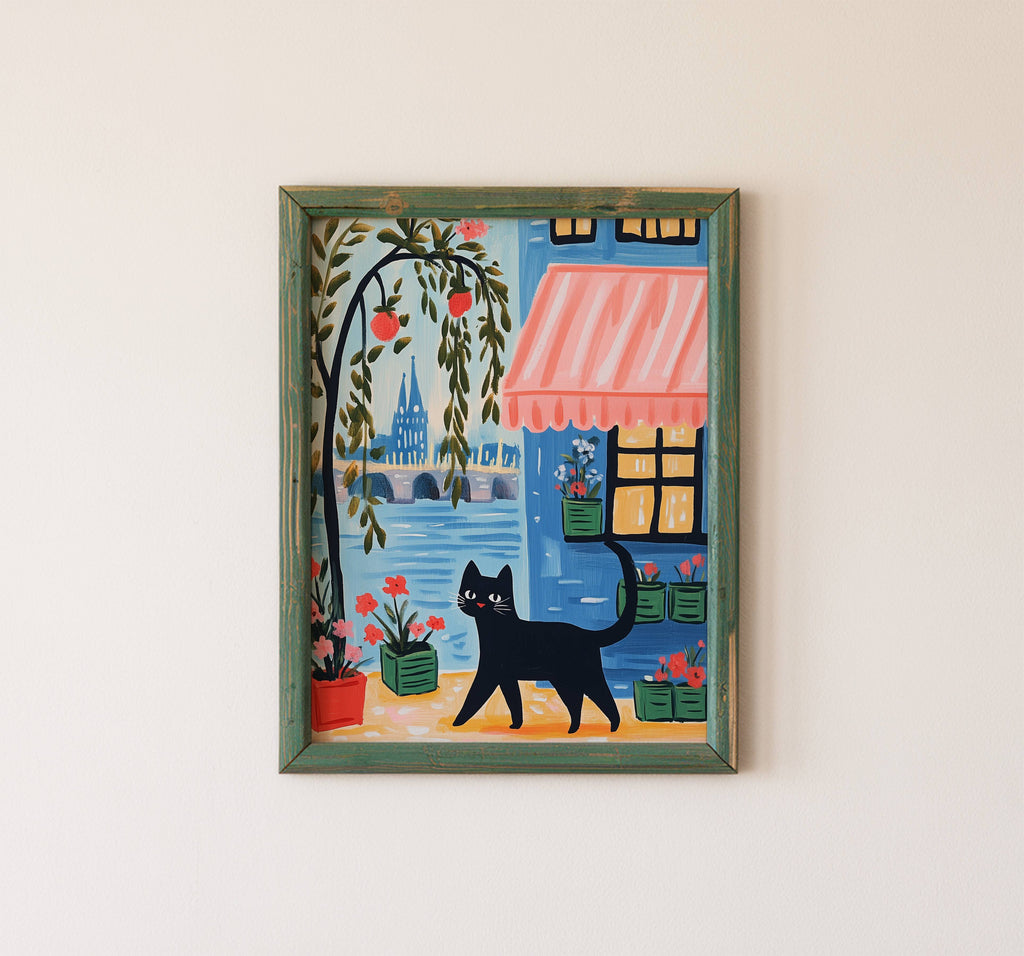 Illustration Chat noir à Paris - Idée cadeau amoureux des chats - Art Naïf fenêtre et fleurs