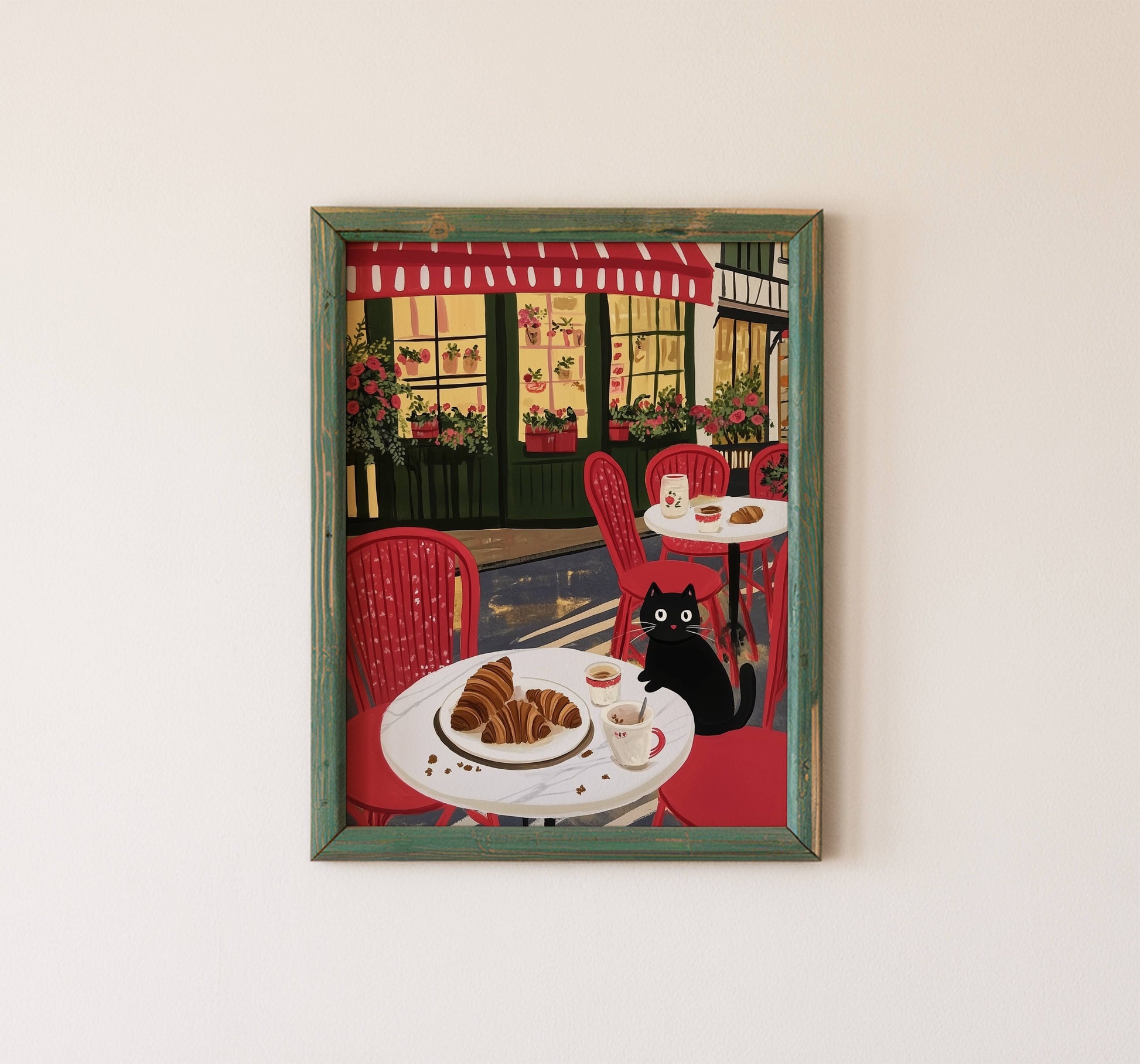 Affiche Chat noir café Paris - Illustration terrasse Parisienne croissants - Idée cadeau Amoureux des Chats