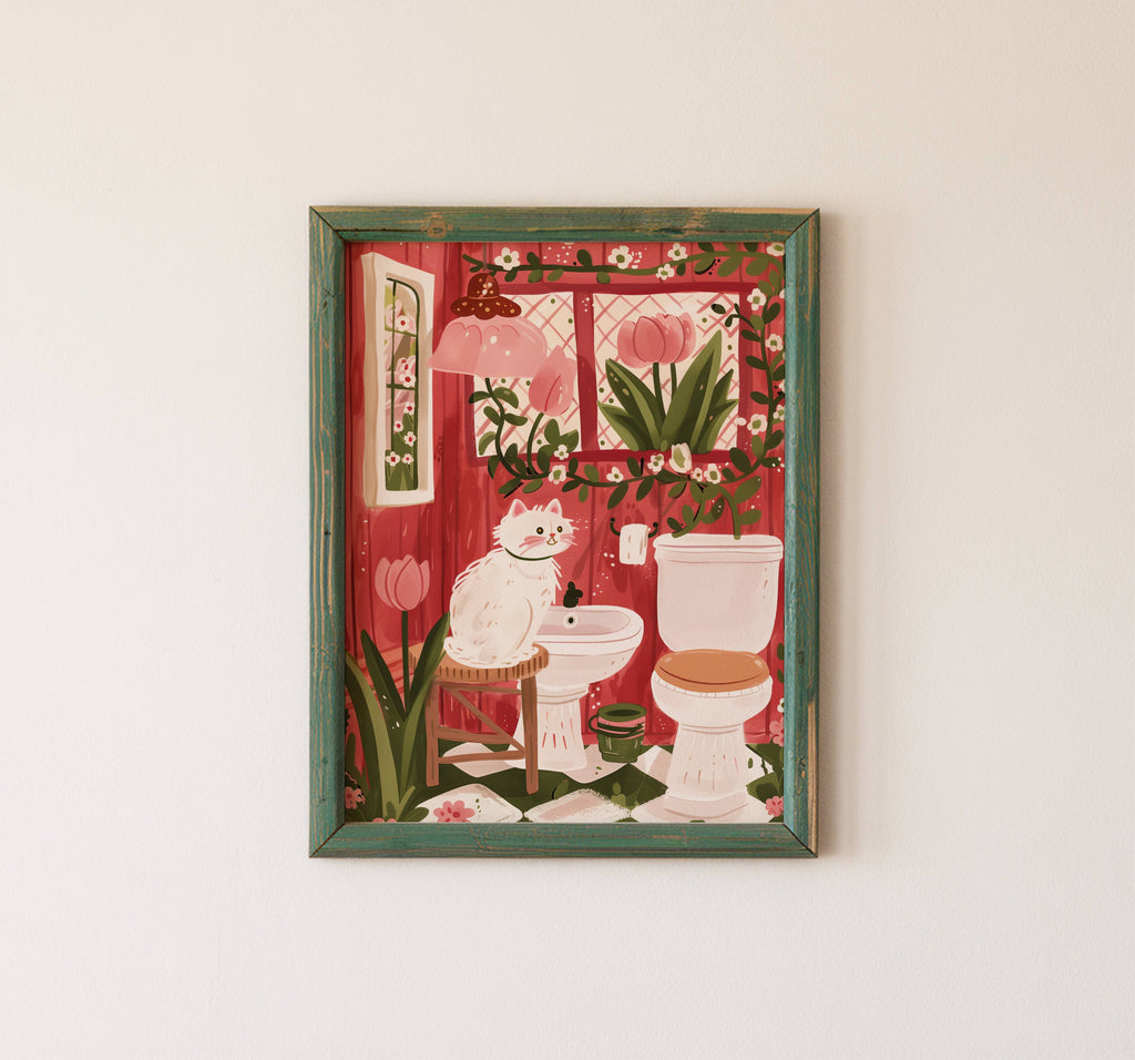 Illustration chat blanc salle de bain - Décoration WC originale - Idée cadeau amoureux des chats