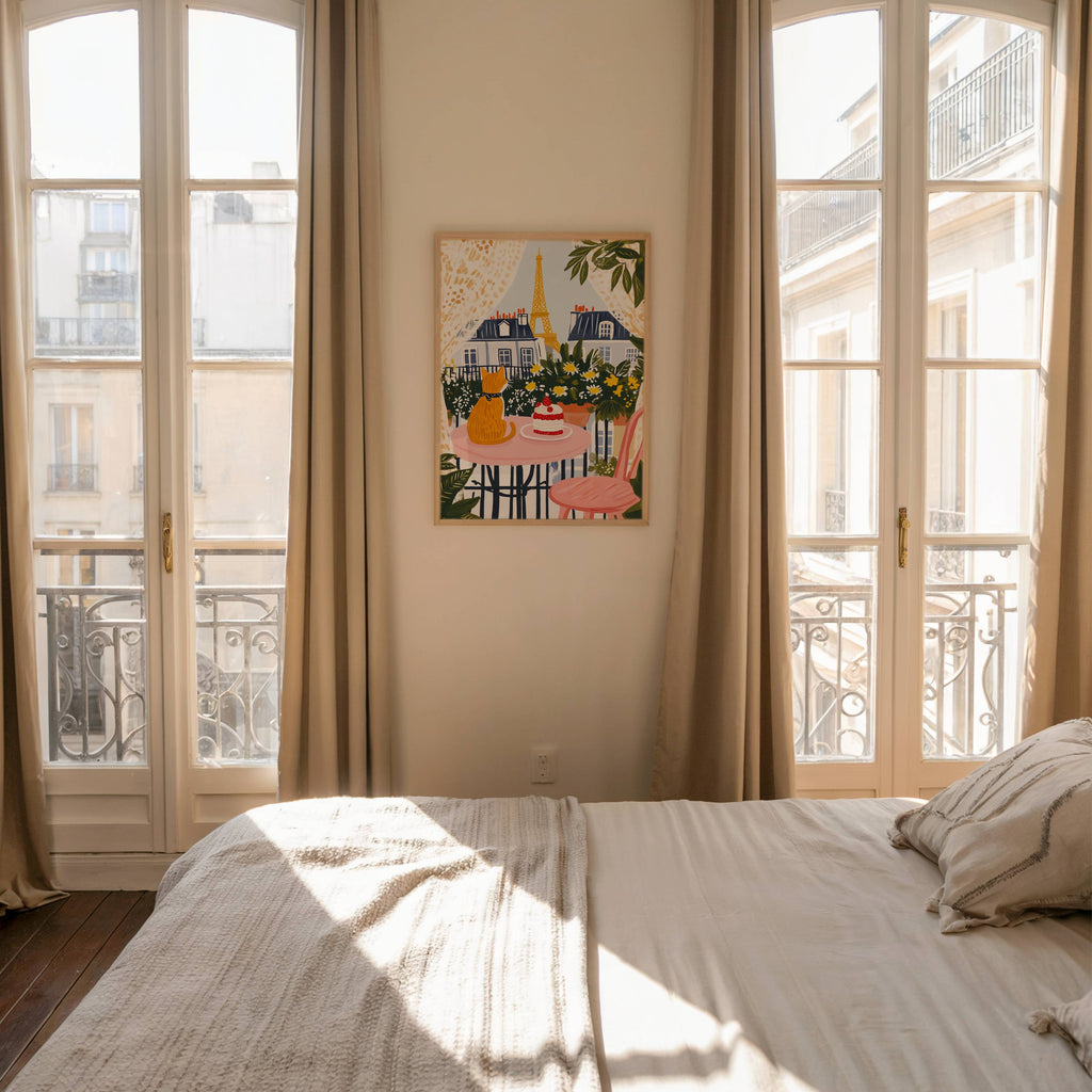 Illustration Chat roux à Paris - Illustration balcon Tour Eiffel - Idée cadeau amoureux des Chats