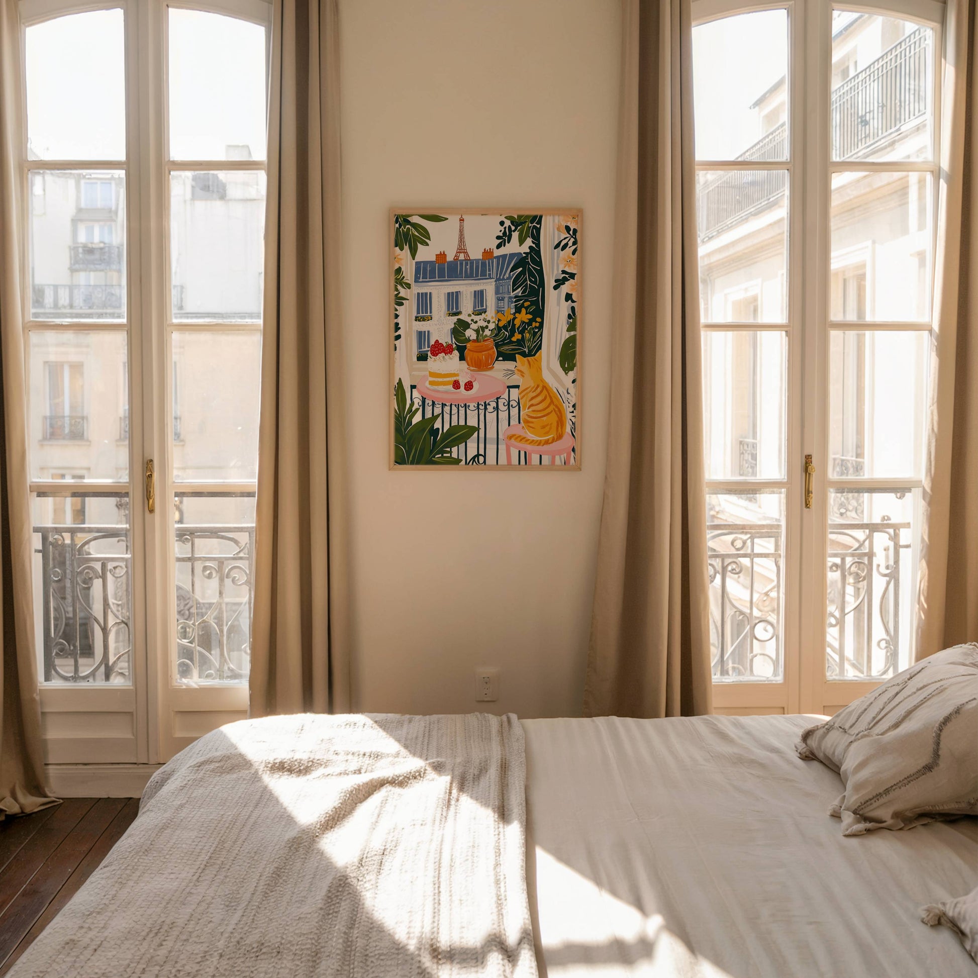 Affiche chat roux à Paris - Illustration chat balcon Tour Eiffel - idée cadeau amoureux des chats - illustration voyage France