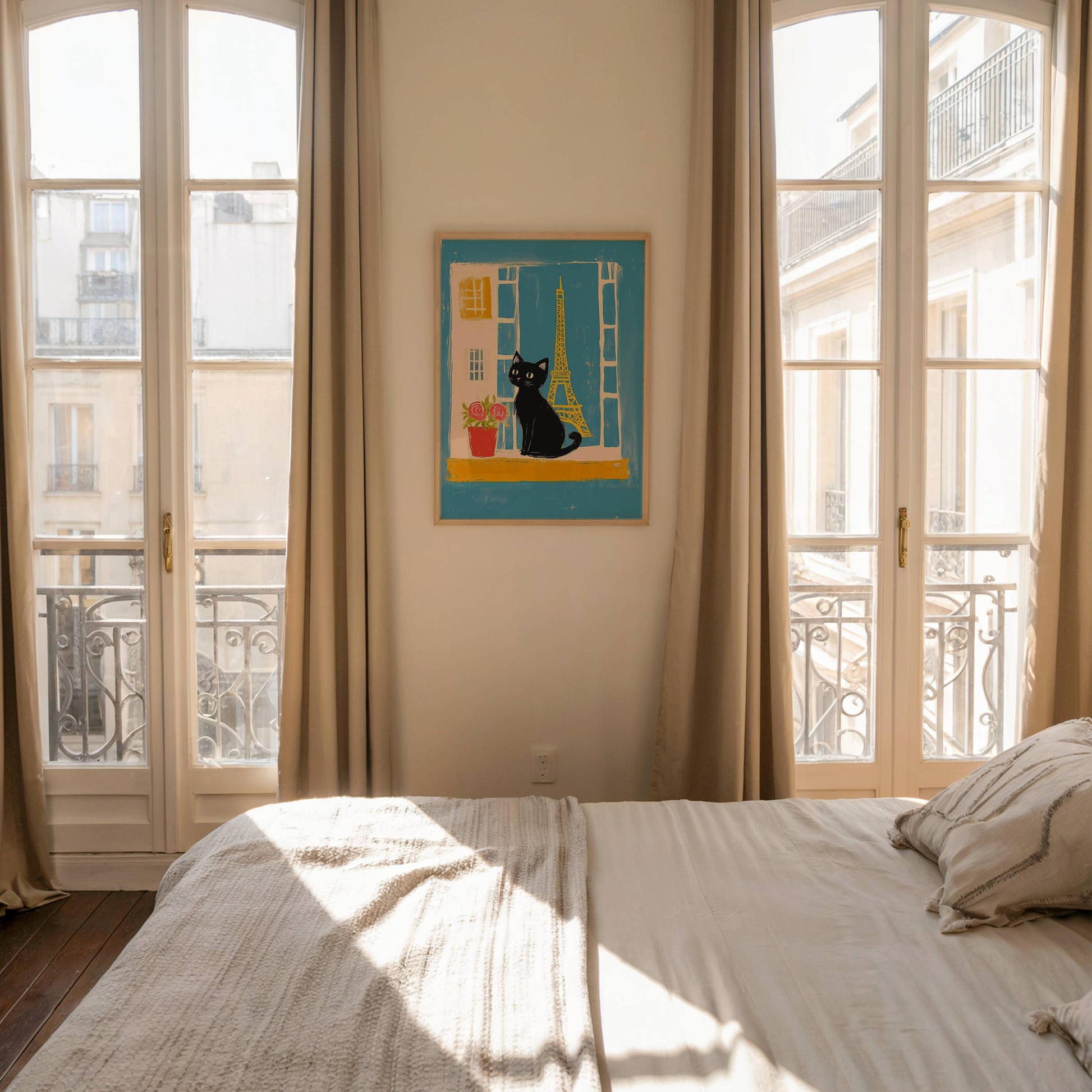 Illustration chat noir Paris – Chat noir Tour Eiffel – déco murale chaleureuse cottagecore, cadeau amoureux des chats